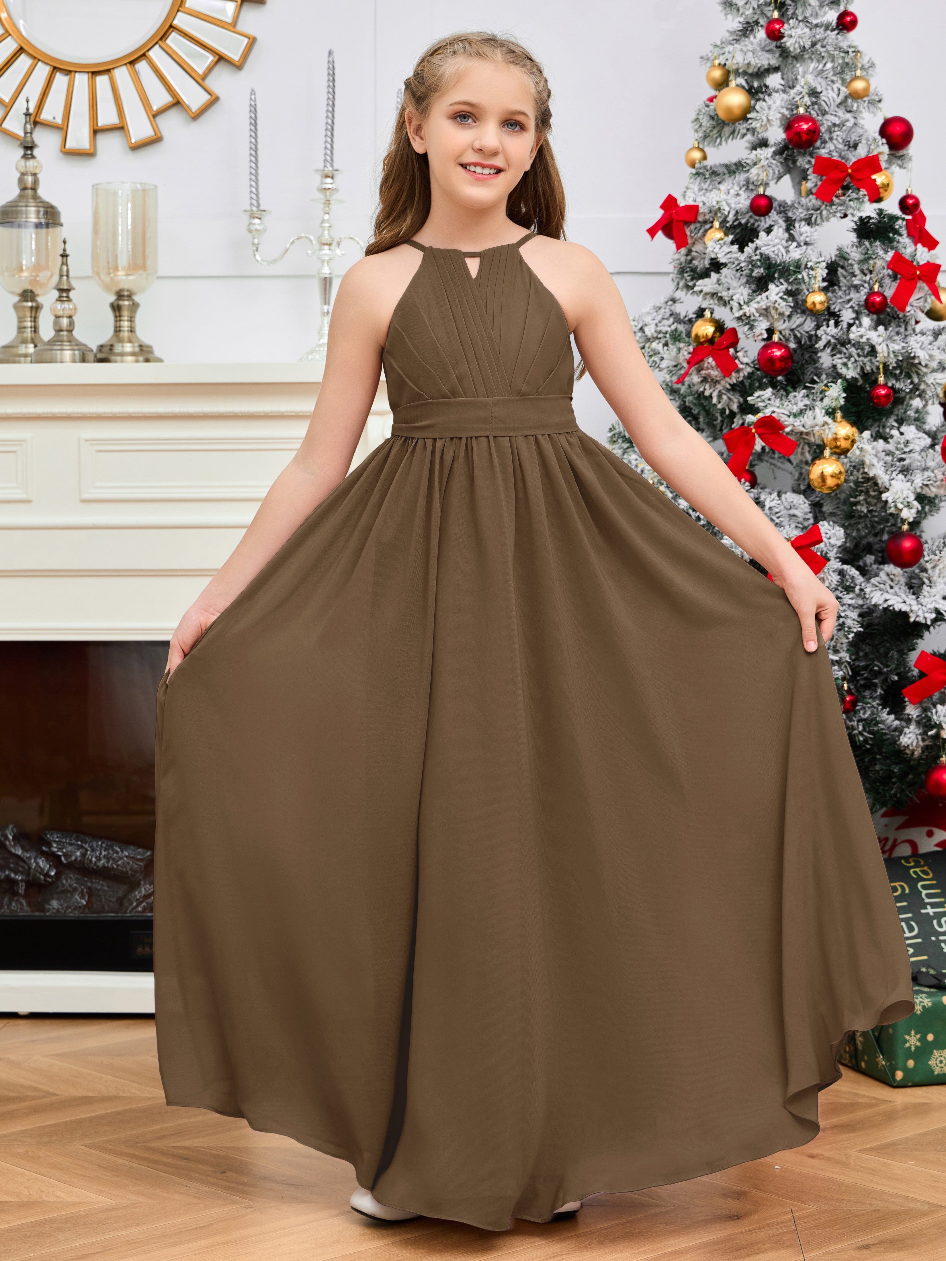 Halter Floor-Length Chiffon Junior Bridesmaid Dress