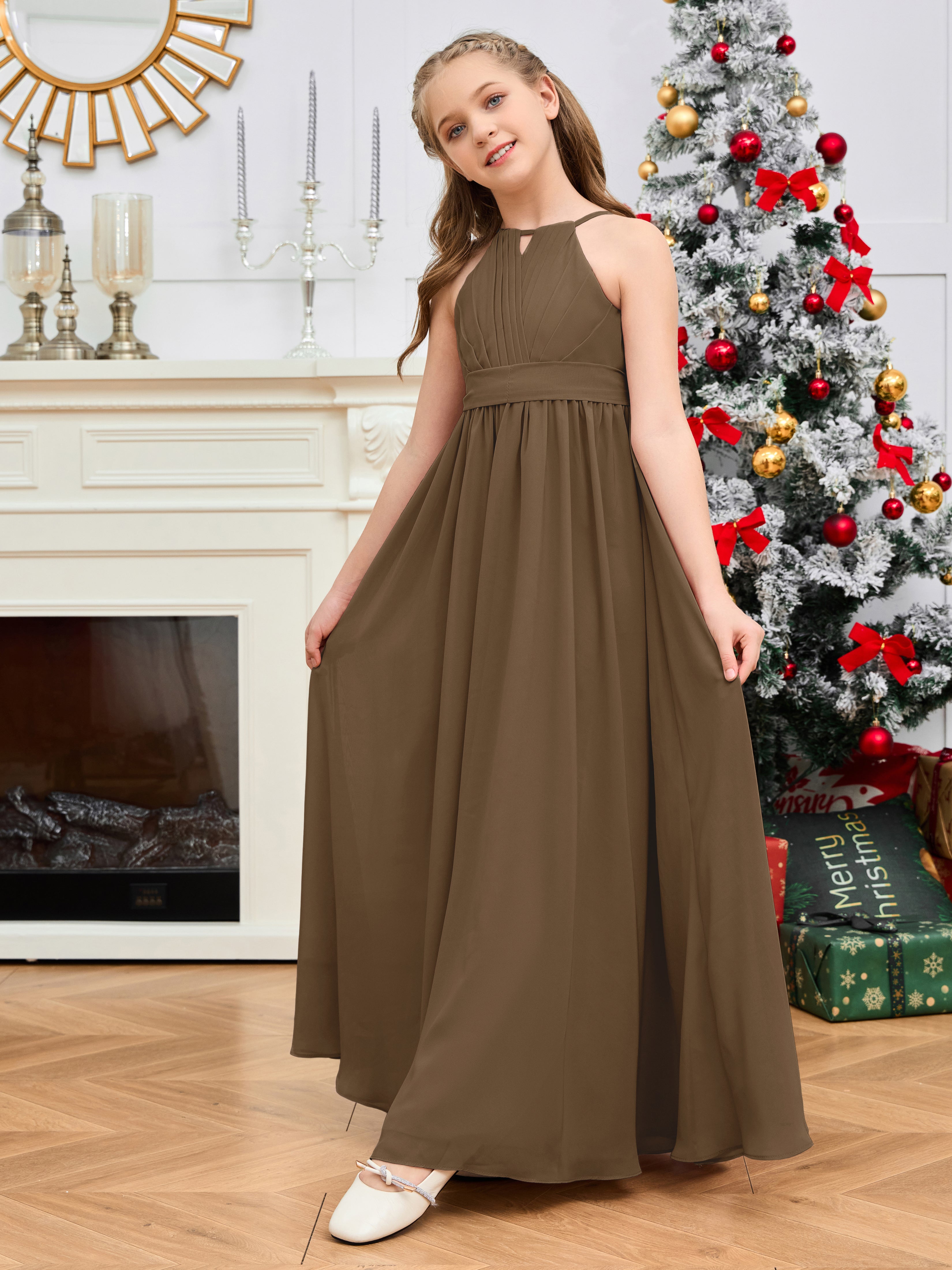 Halter Floor-Length Chiffon Junior Bridesmaid Dress