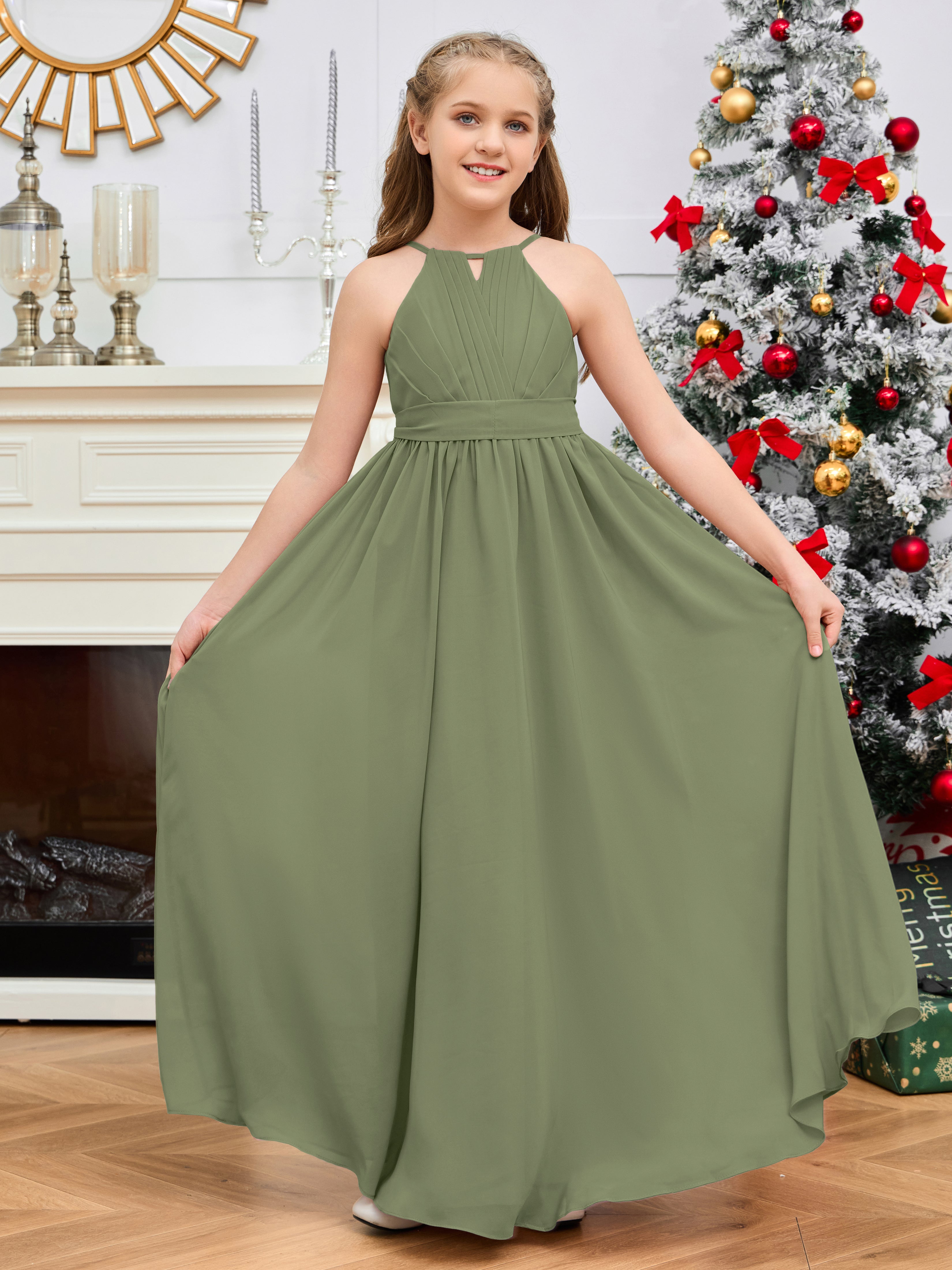 Halter Floor-Length Chiffon Junior Bridesmaid Dress