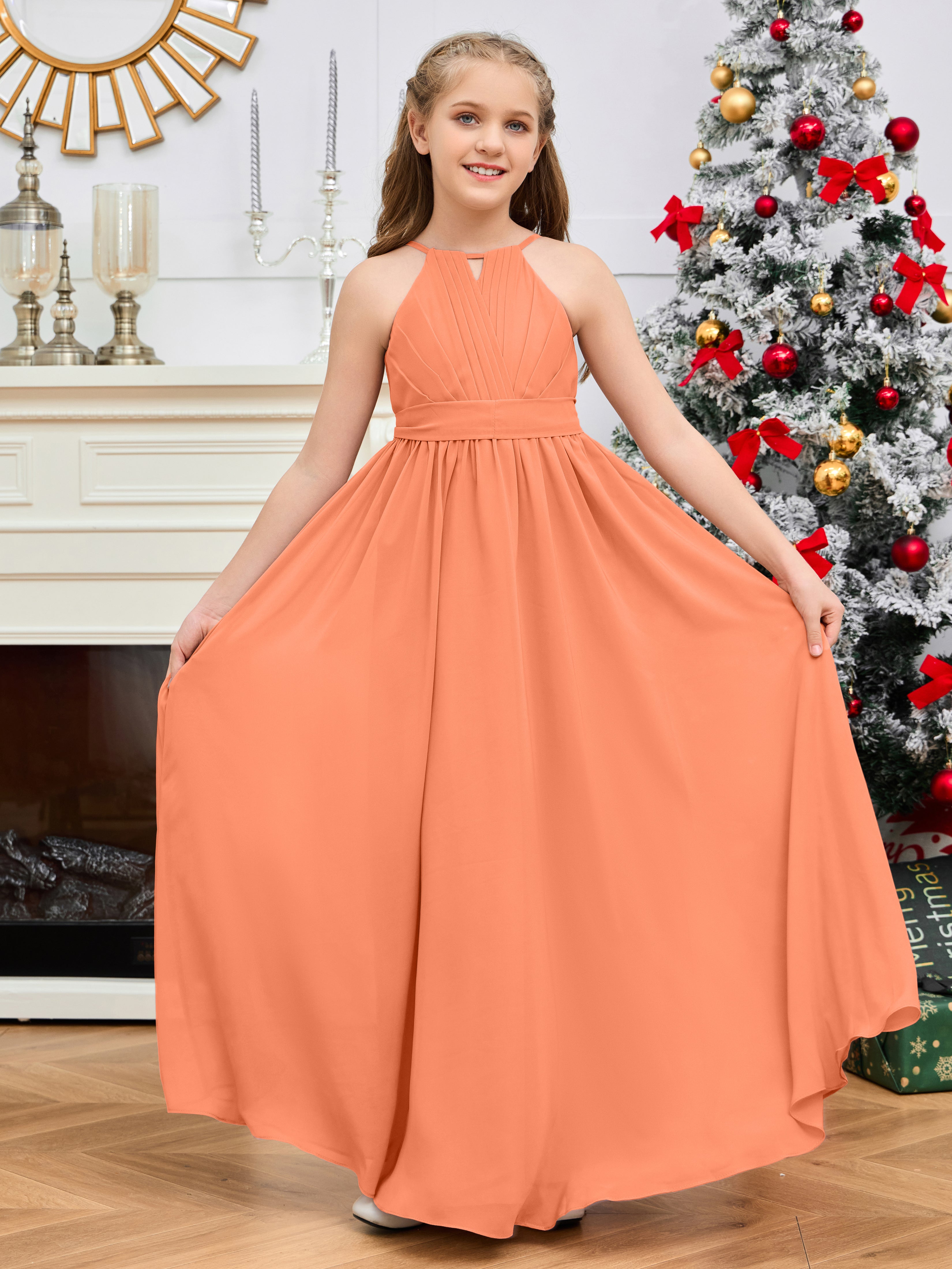 Halter Floor-Length Chiffon Junior Bridesmaid Dress