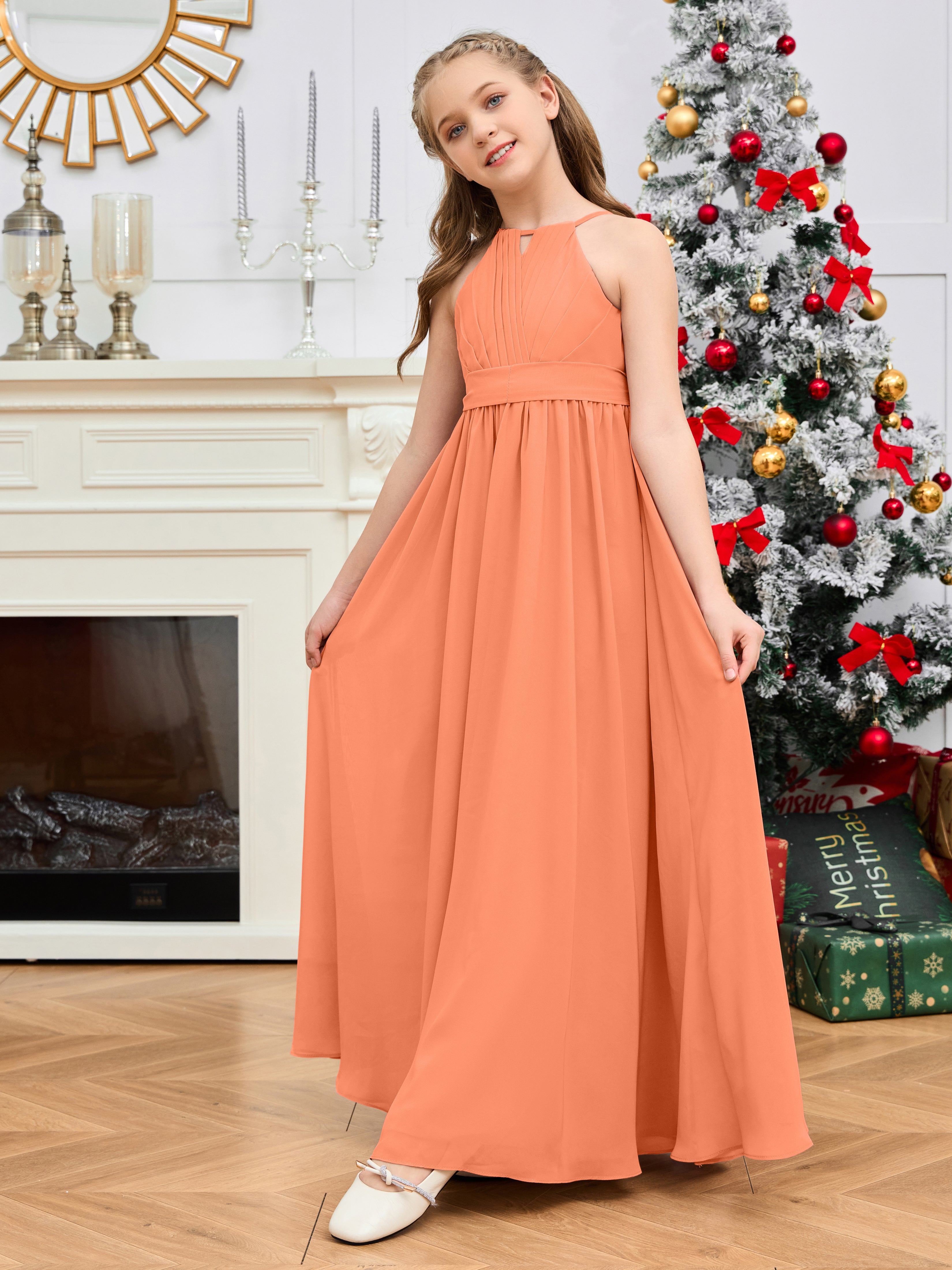 Halter Floor-Length Chiffon Junior Bridesmaid Dress