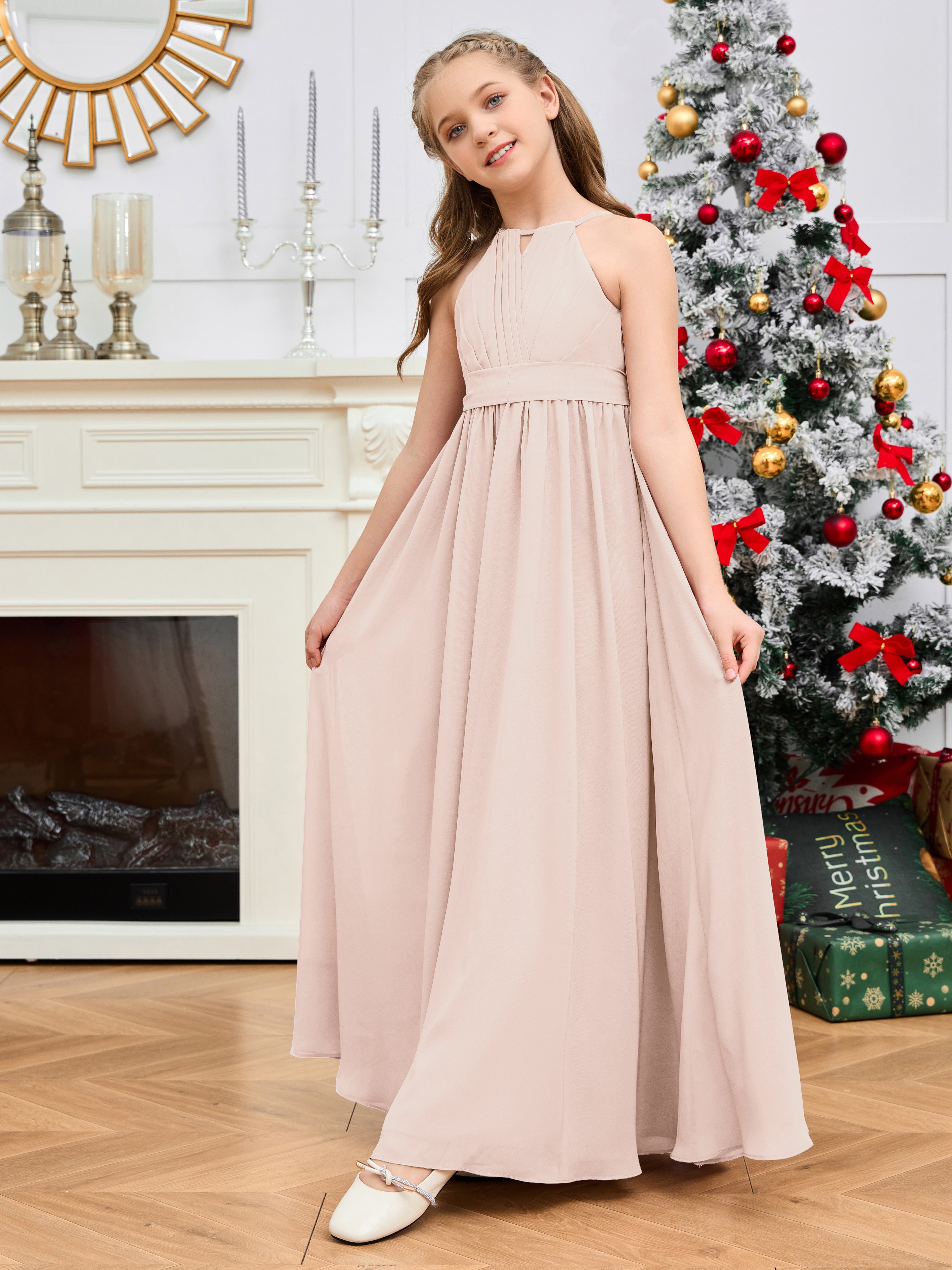 Halter Floor-Length Chiffon Junior Bridesmaid Dress