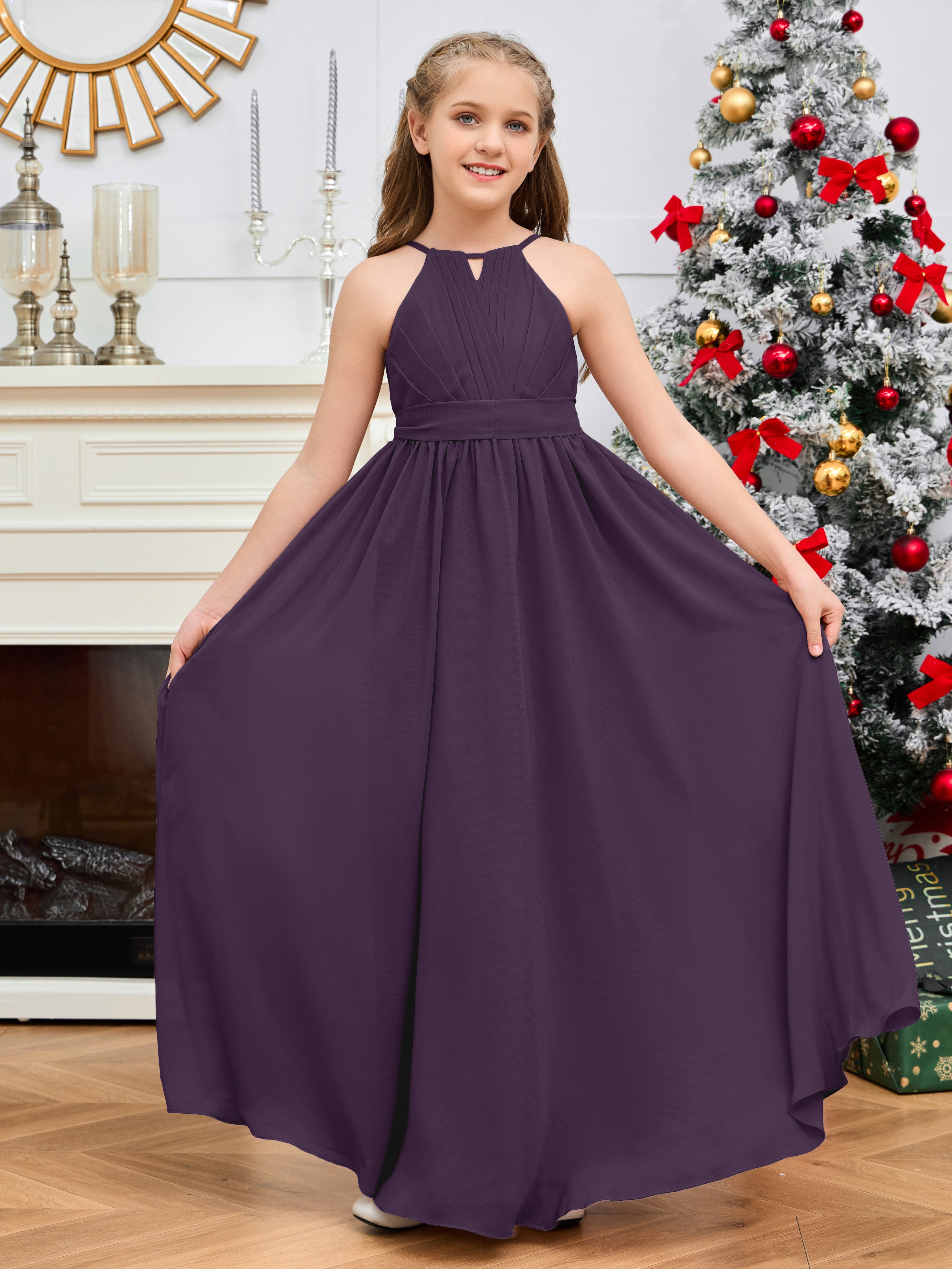 Halter Floor-Length Chiffon Junior Bridesmaid Dress