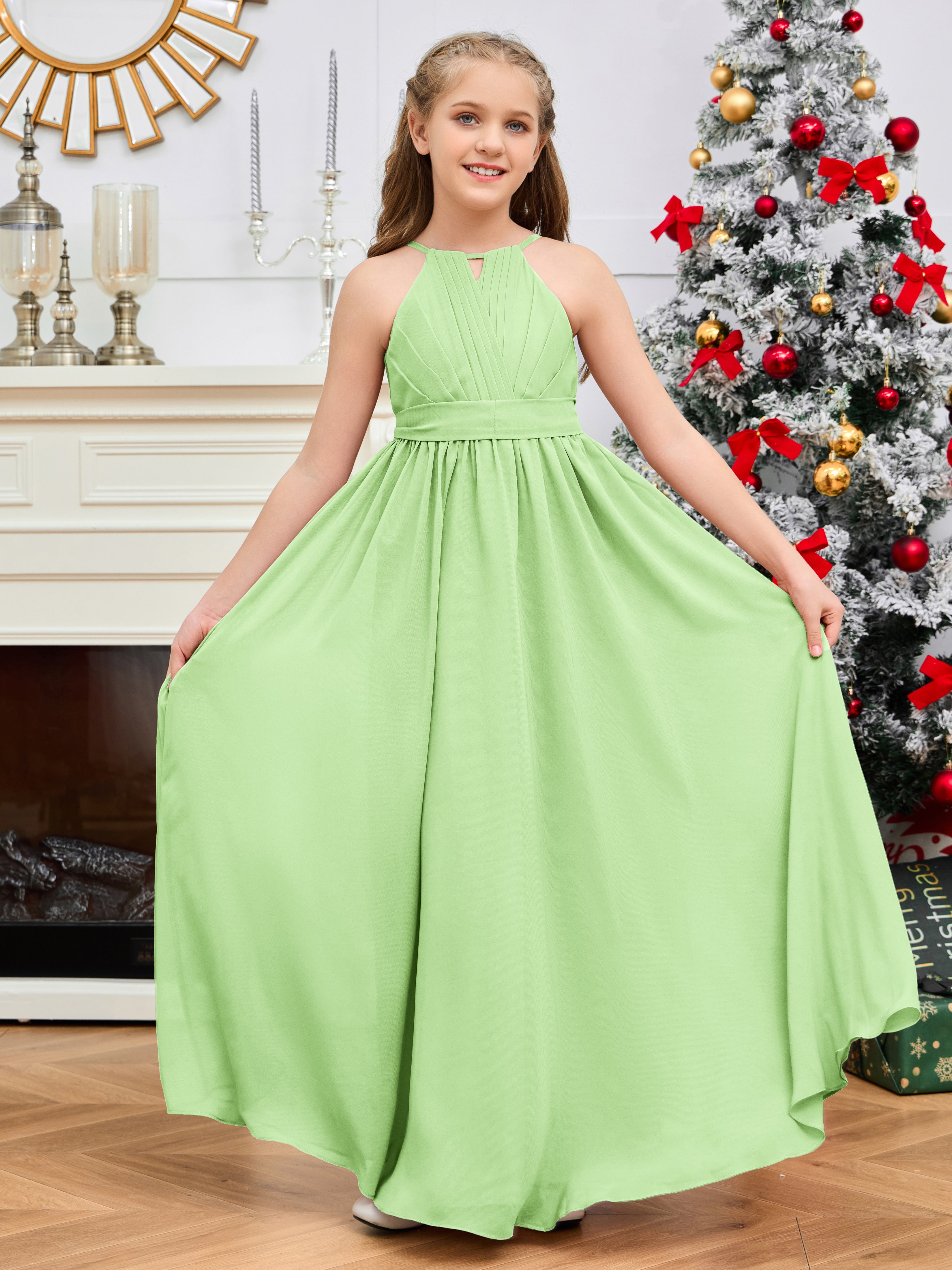 Halter Floor-Length Chiffon Junior Bridesmaid Dress