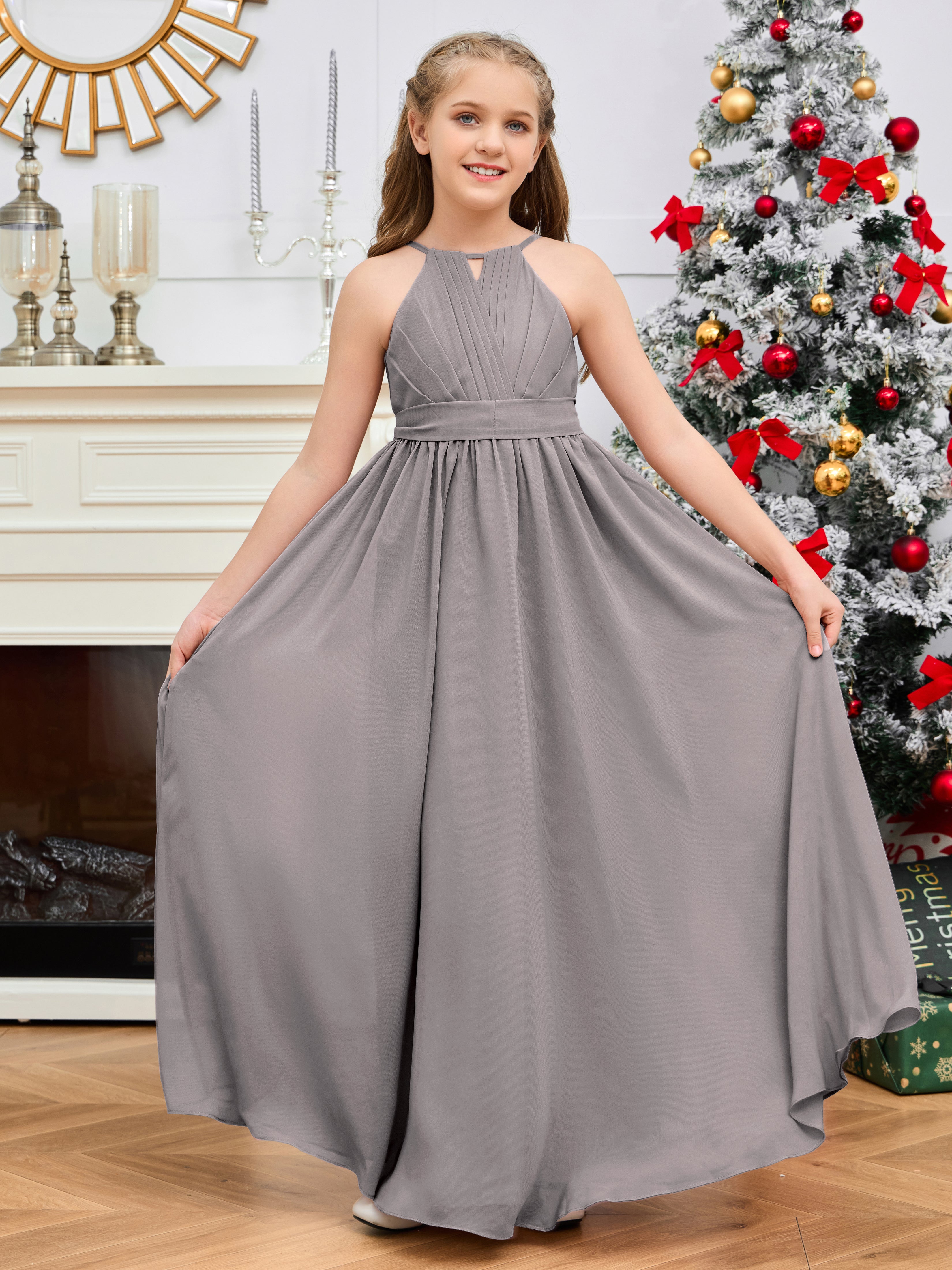Halter Floor-Length Chiffon Junior Bridesmaid Dress