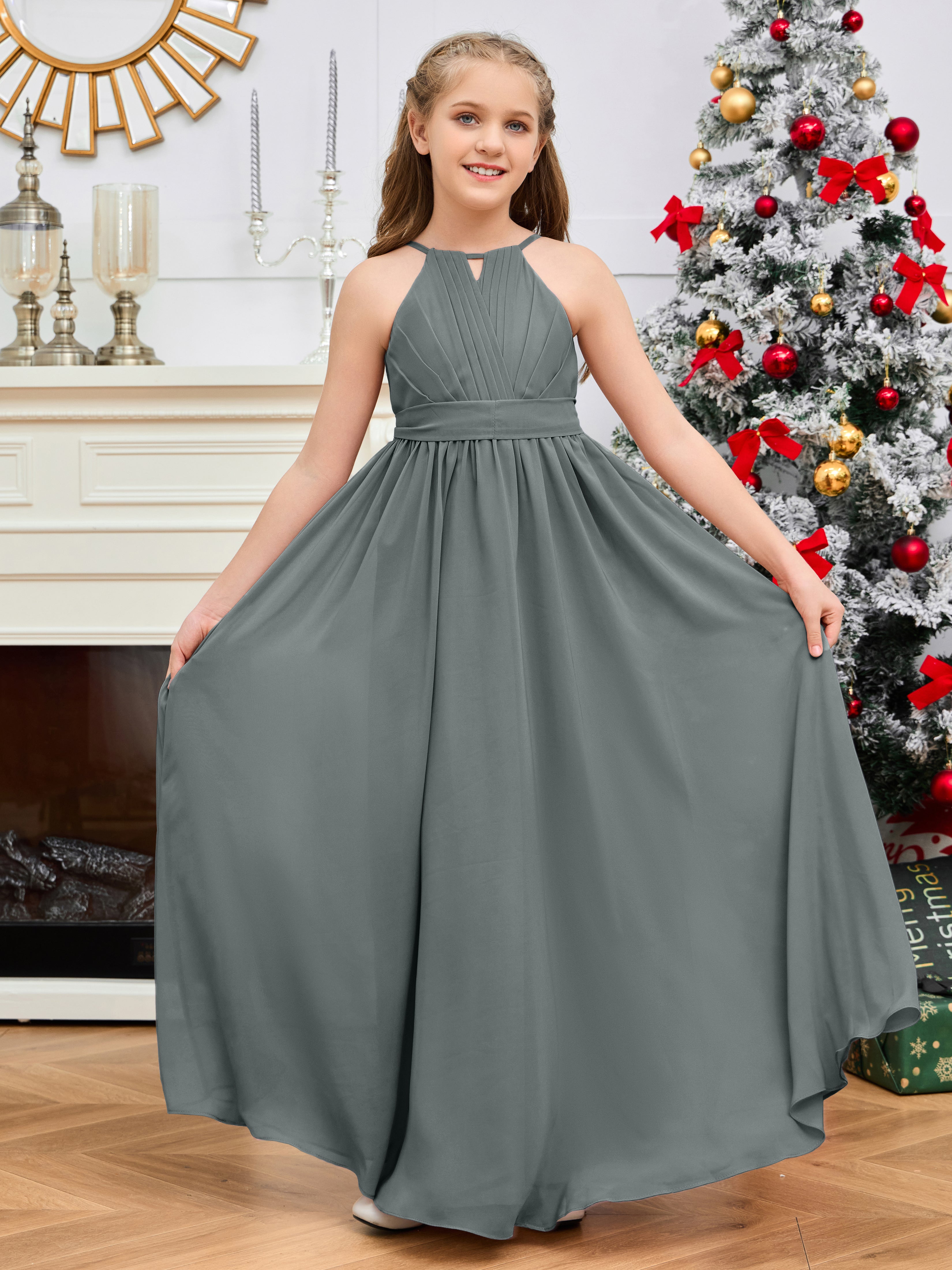Halter Floor-Length Chiffon Junior Bridesmaid Dress