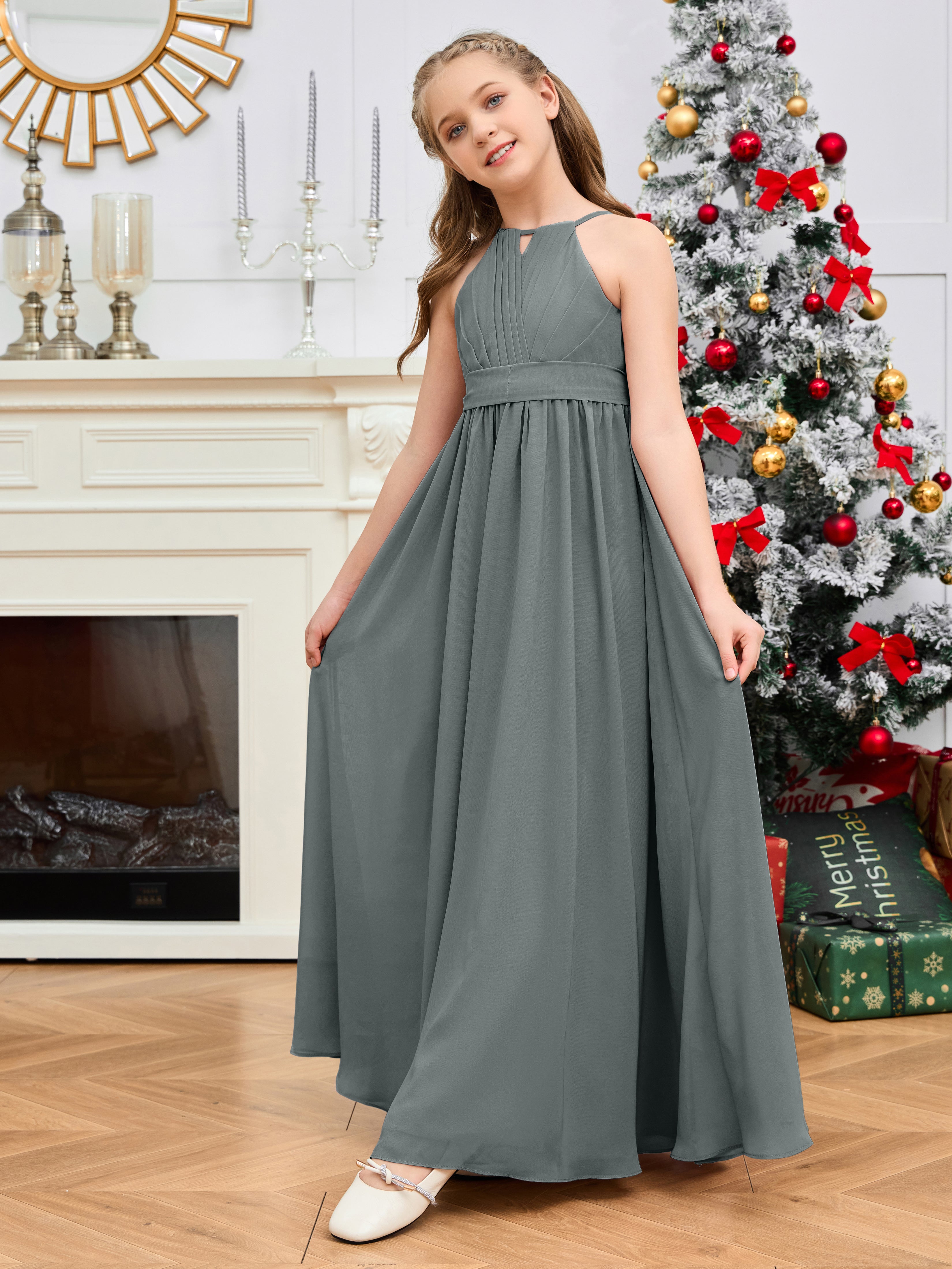 Halter Floor-Length Chiffon Junior Bridesmaid Dress