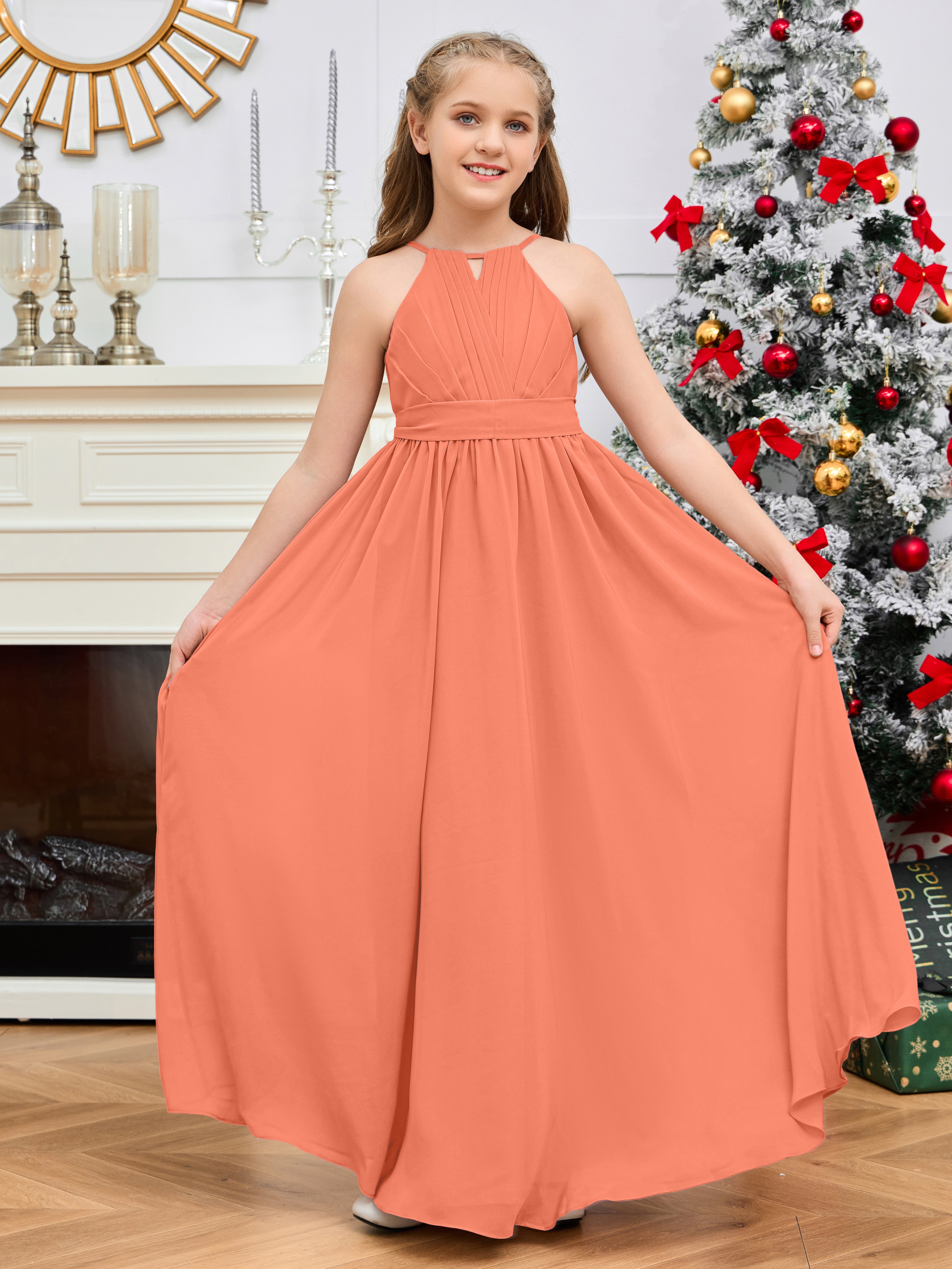 Halter Floor-Length Chiffon Junior Bridesmaid Dress