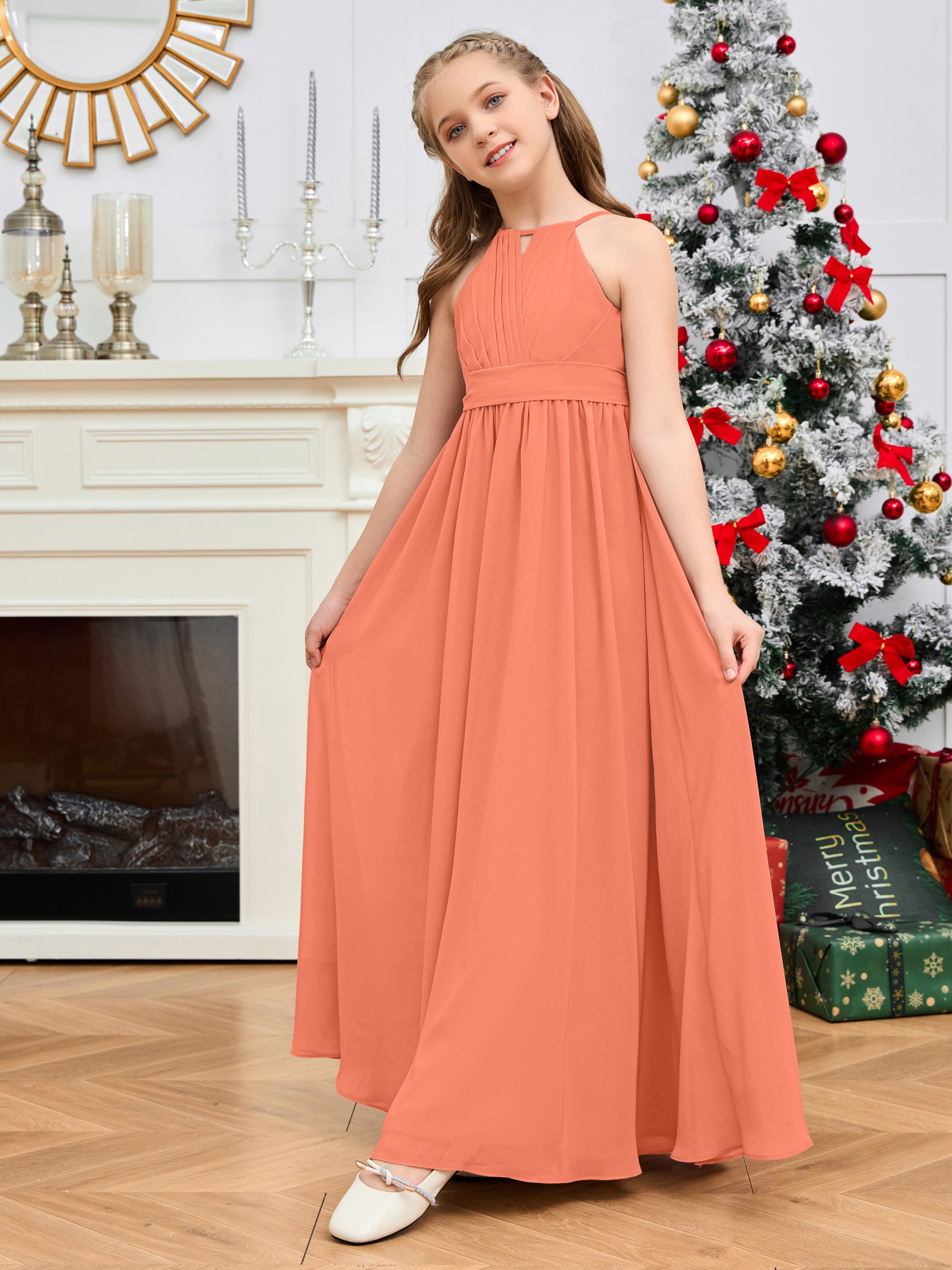 Halter Floor-Length Chiffon Junior Bridesmaid Dress