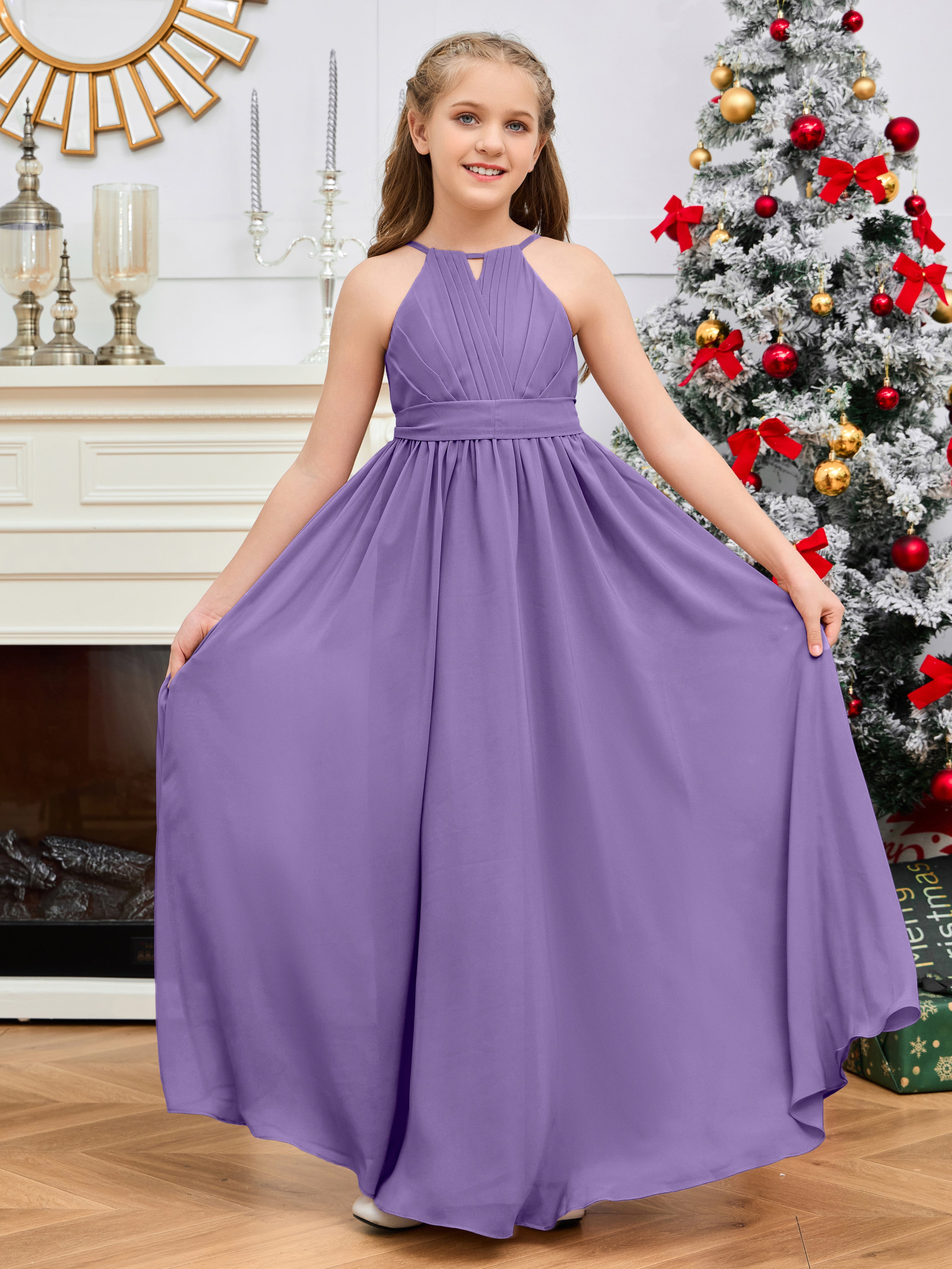 Halter Floor-Length Chiffon Junior Bridesmaid Dress