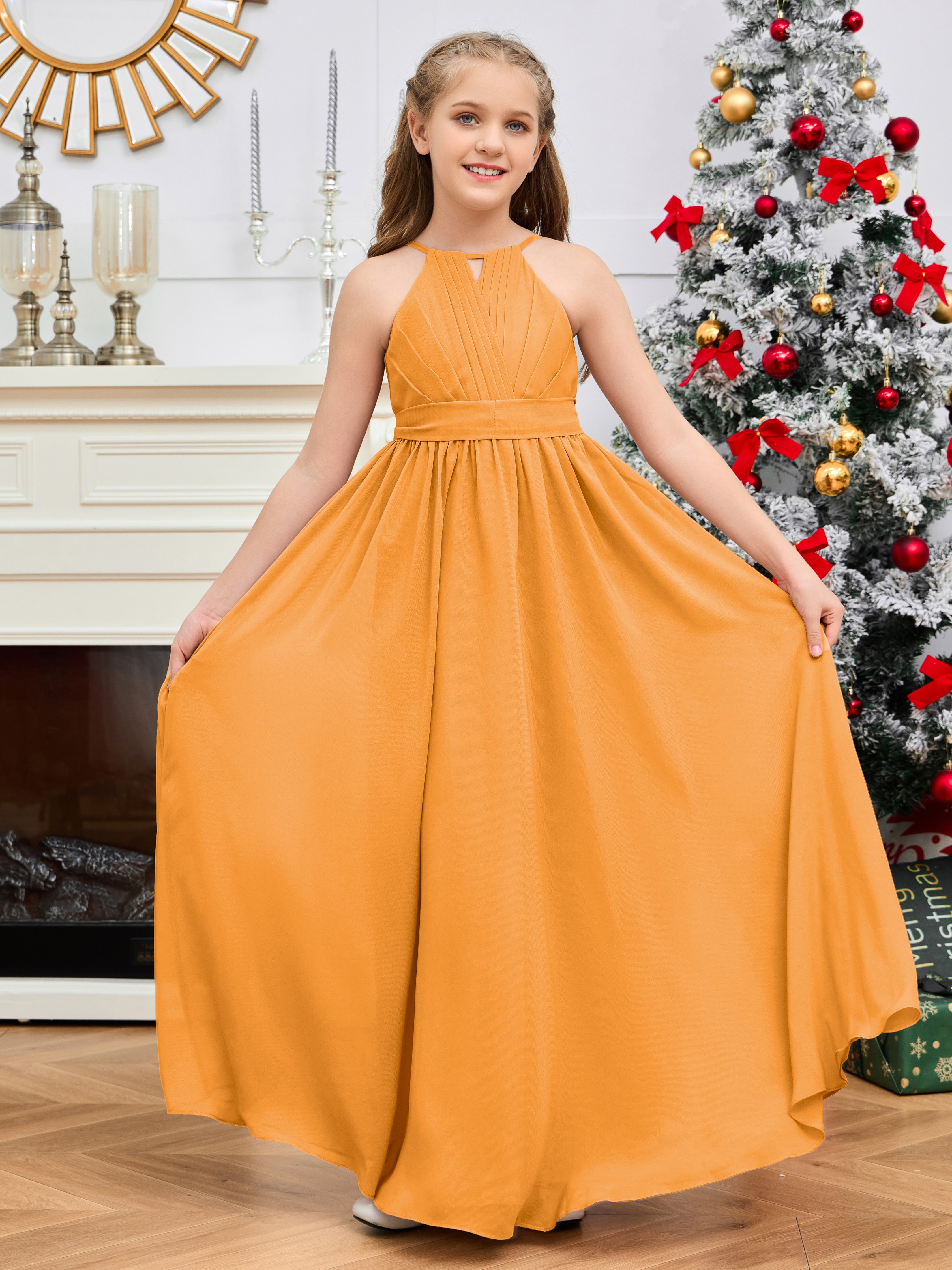 Halter Floor-Length Chiffon Junior Bridesmaid Dress