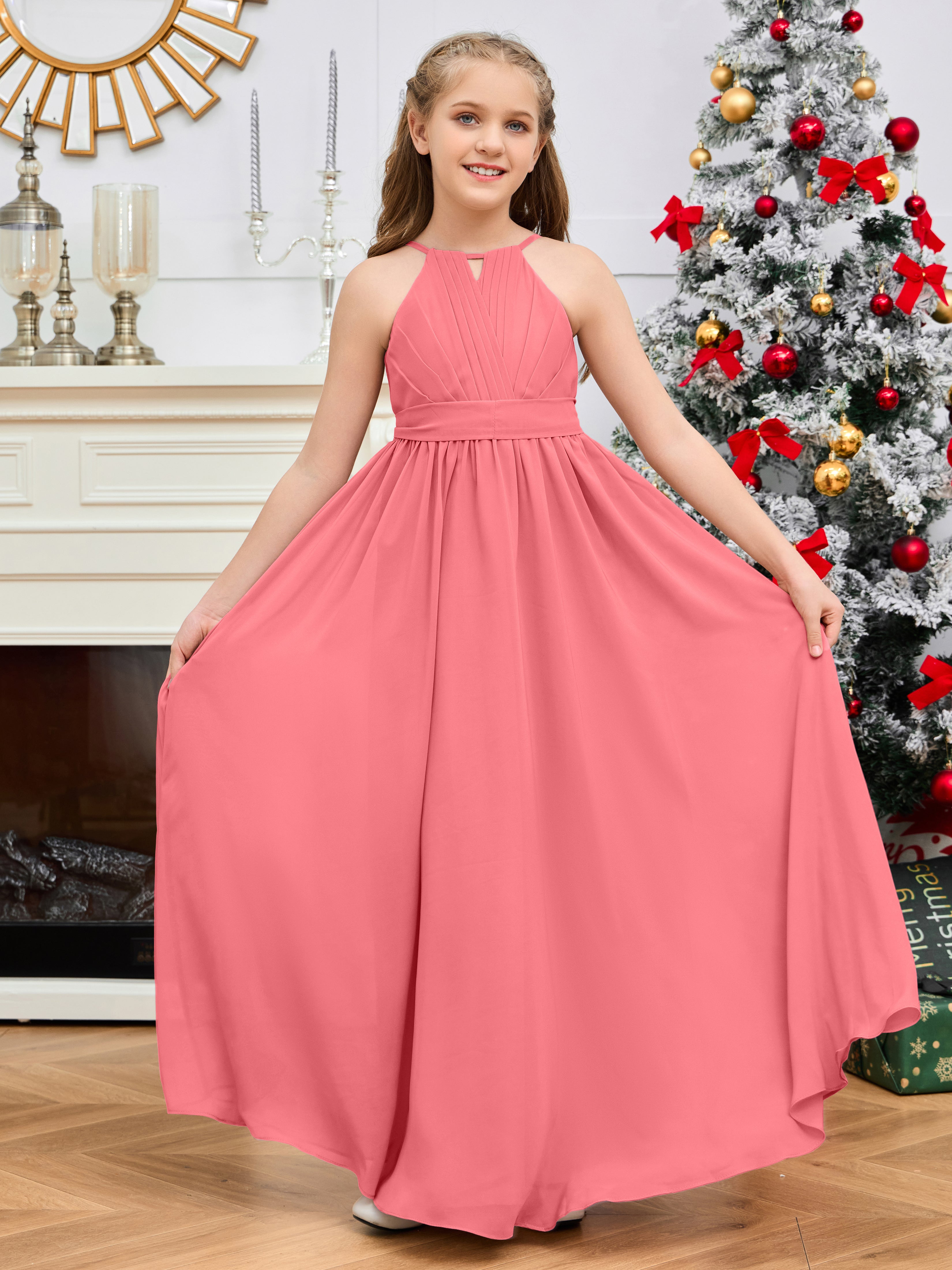 Halter Floor-Length Chiffon Junior Bridesmaid Dress