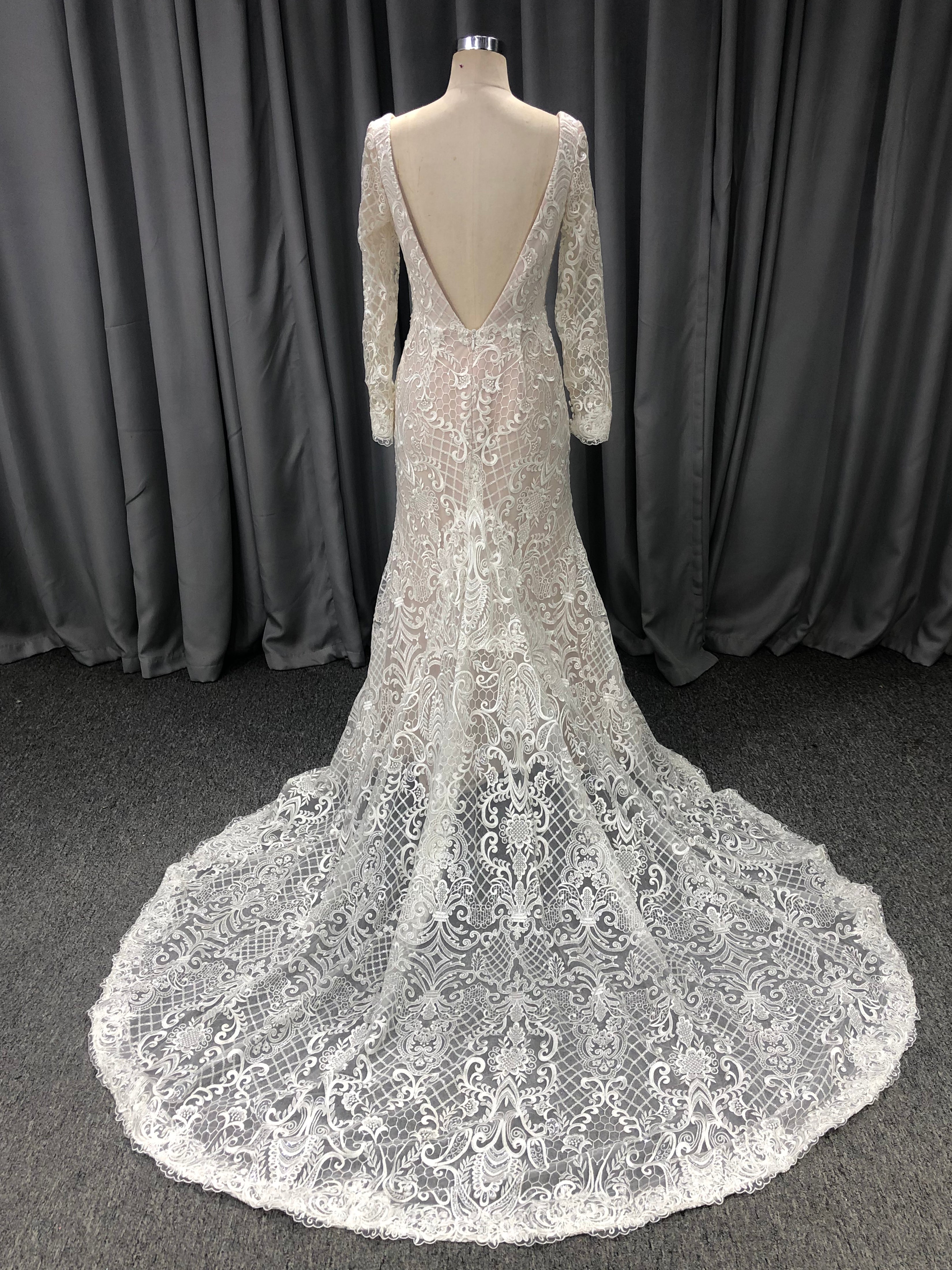 Lace With Beading V Neck and V back Long Sleeves Wedding Dress With Train C0002