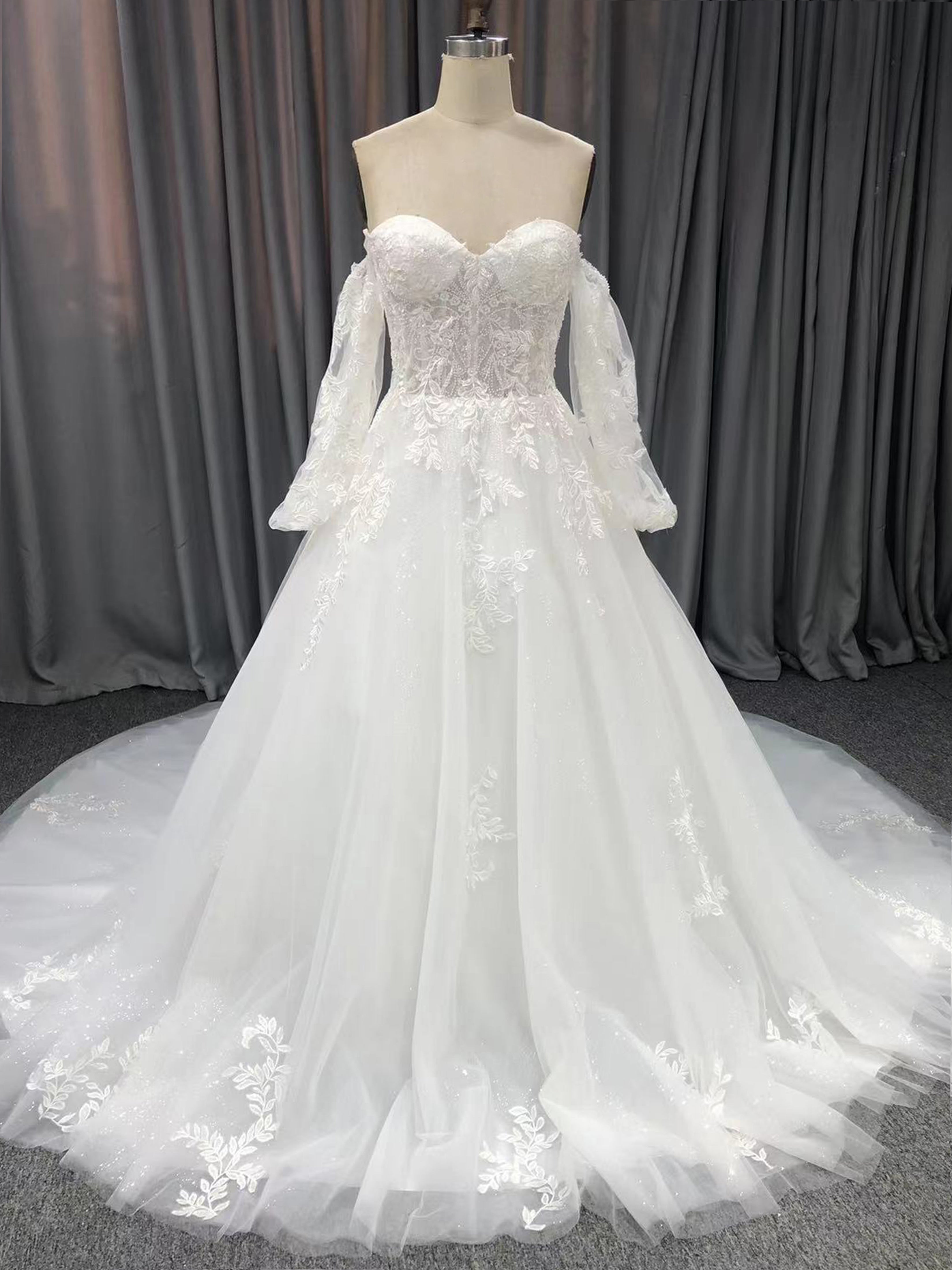 Sweetheart Neck Off The Should Lace Appliques A-line Wedding Dress With Train C0008, White Sweetheart Neck Off The Should Lace Appliques A-line Wedding Dress With Train C0008, White