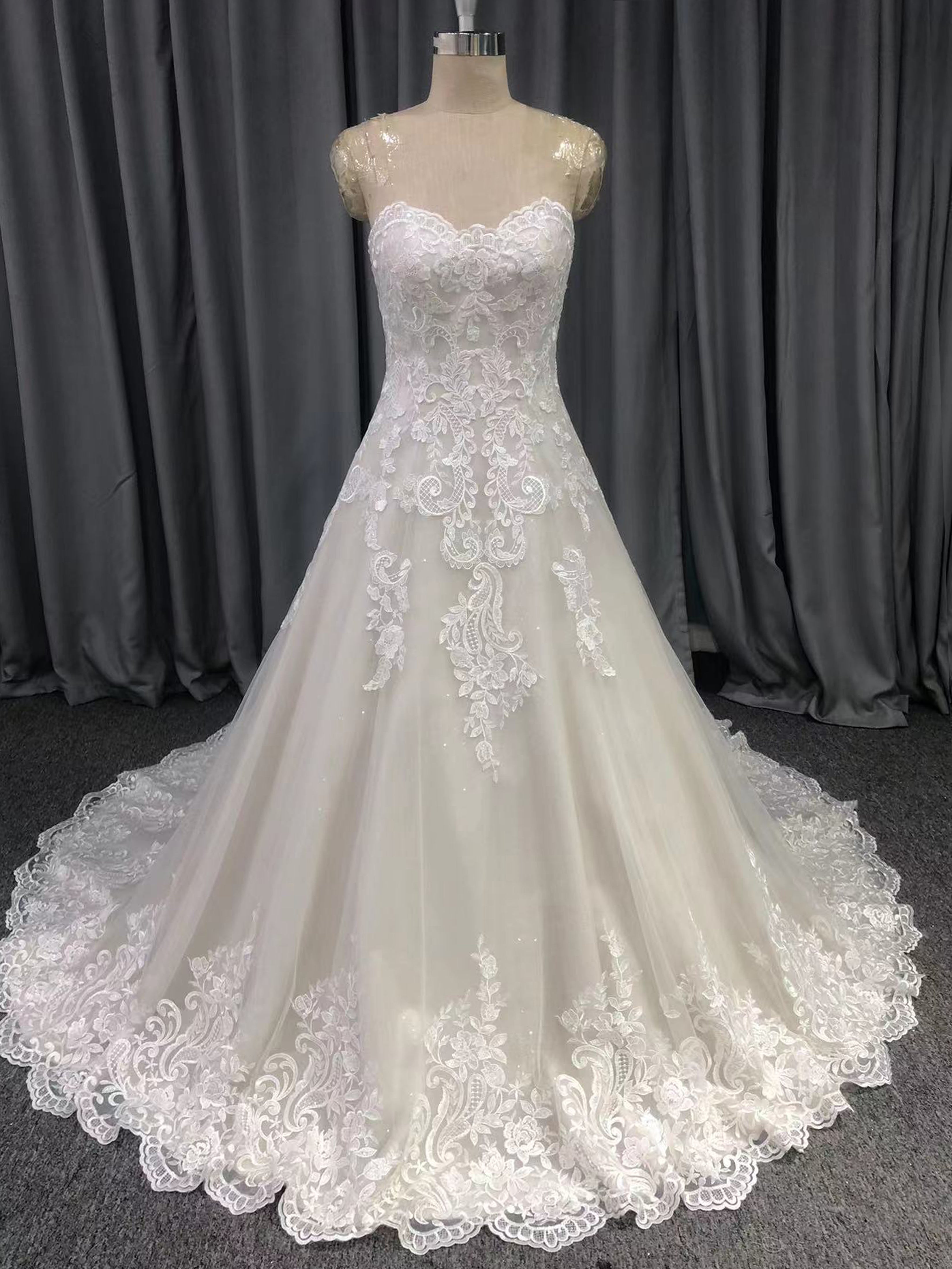Sweetheart Neck Strapless Lace Appliques A-Line Wedding Dress with Train C0009, White Sweetheart Neck Strapless Lace Appliques A-Line Wedding Dress with Train C0009, White
