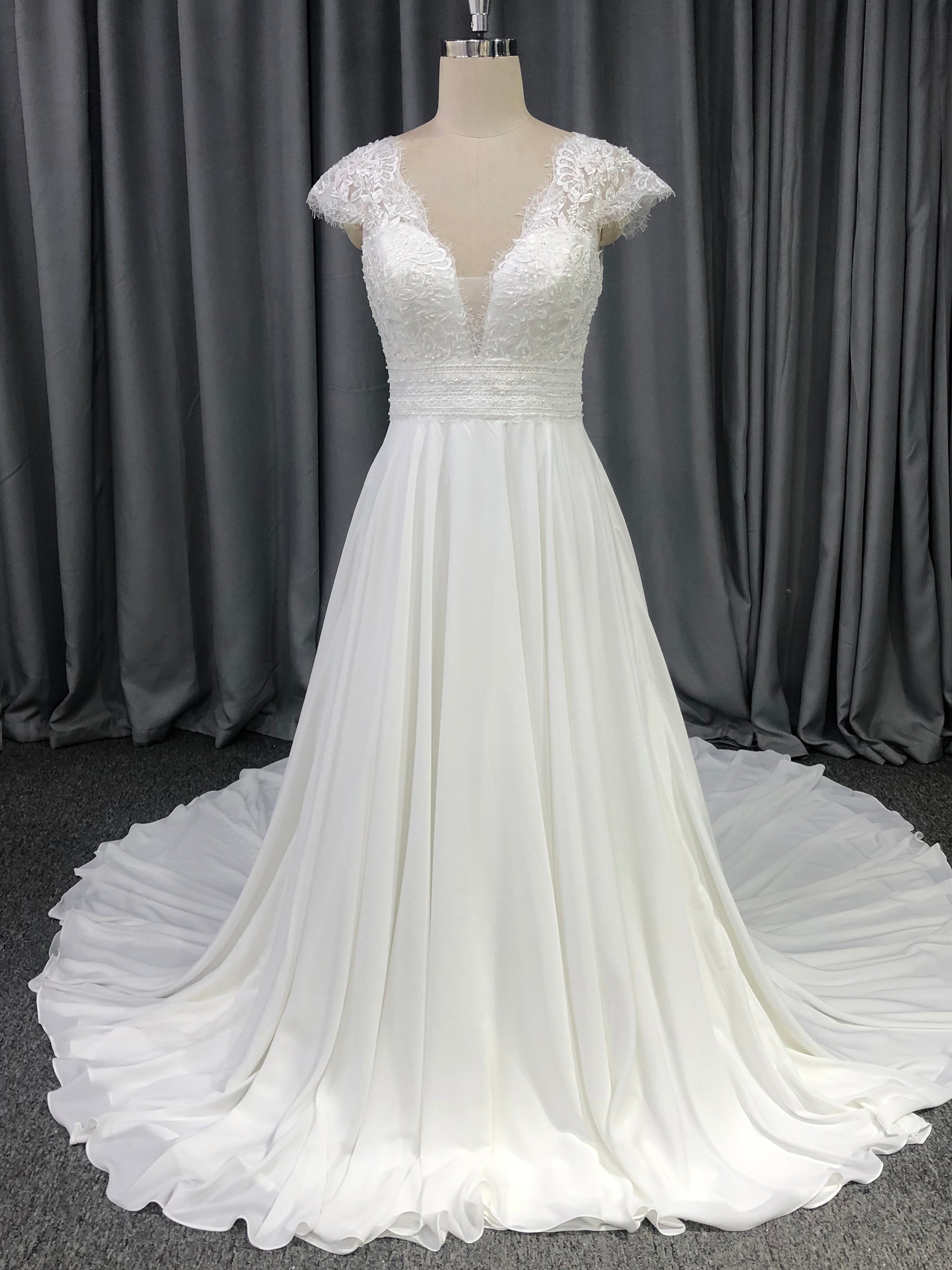 Cap Sleeves V Neck Lace with Beads A-Line Wedding Dress with Train C0011, Ivory Cap Sleeves V Neck Lace with Beads A-Line Wedding Dress with Train C0011, Ivory