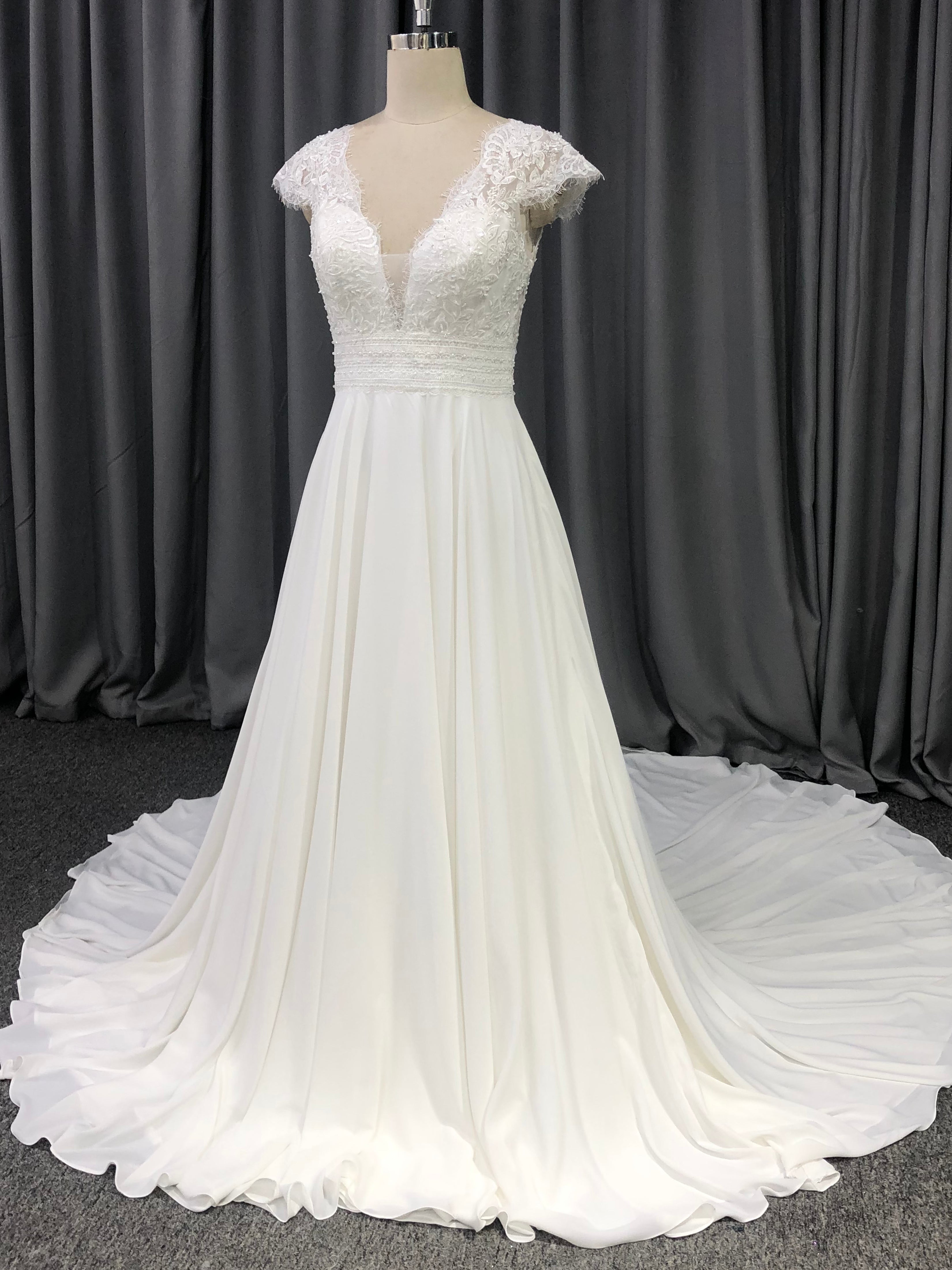 Cap sleeves V Neck Lace With Beads A-line Wedding Dress With Train C0011