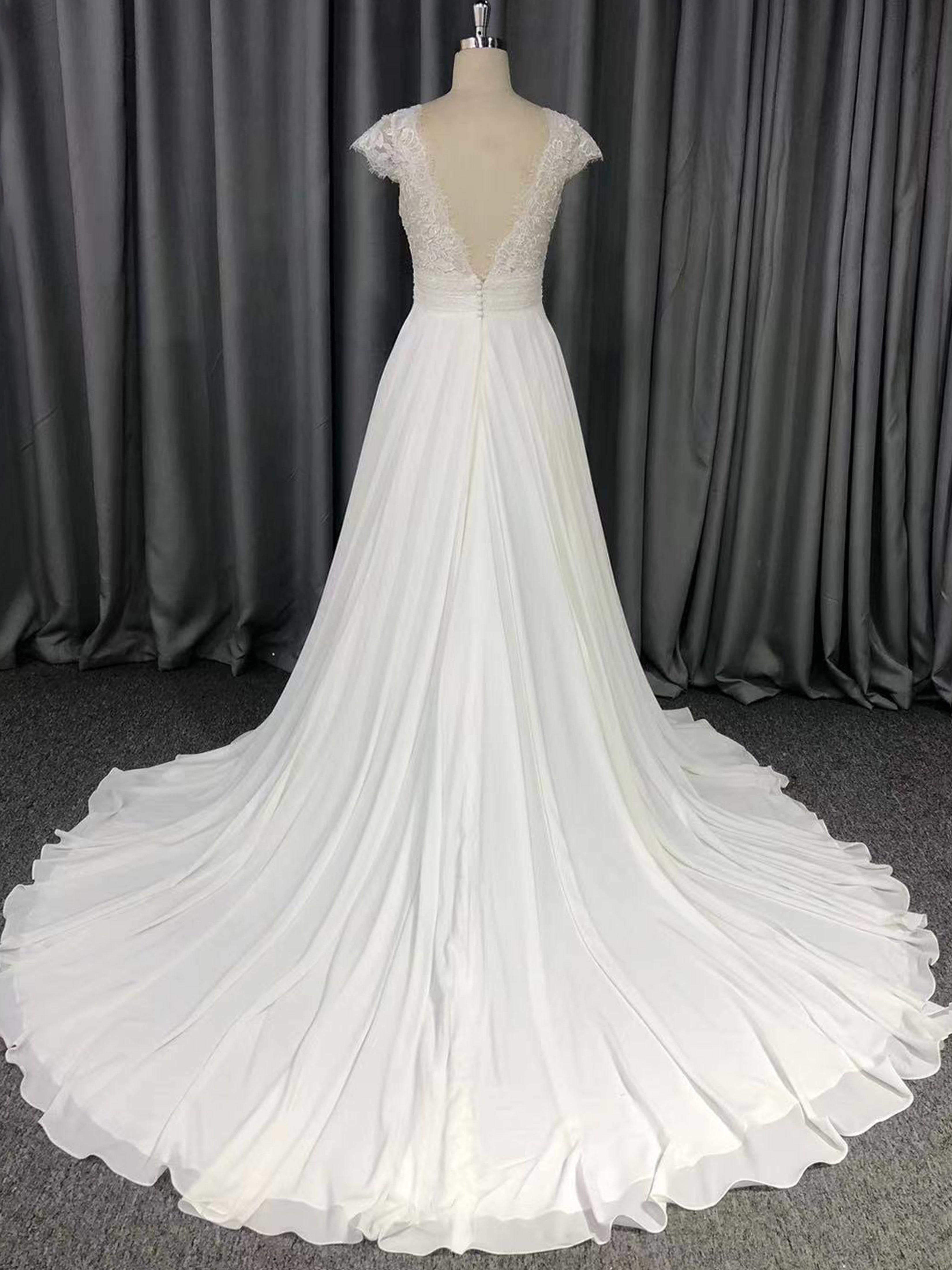 Cap sleeves V Neck Lace With Beads A-line Wedding Dress With Train C0011
