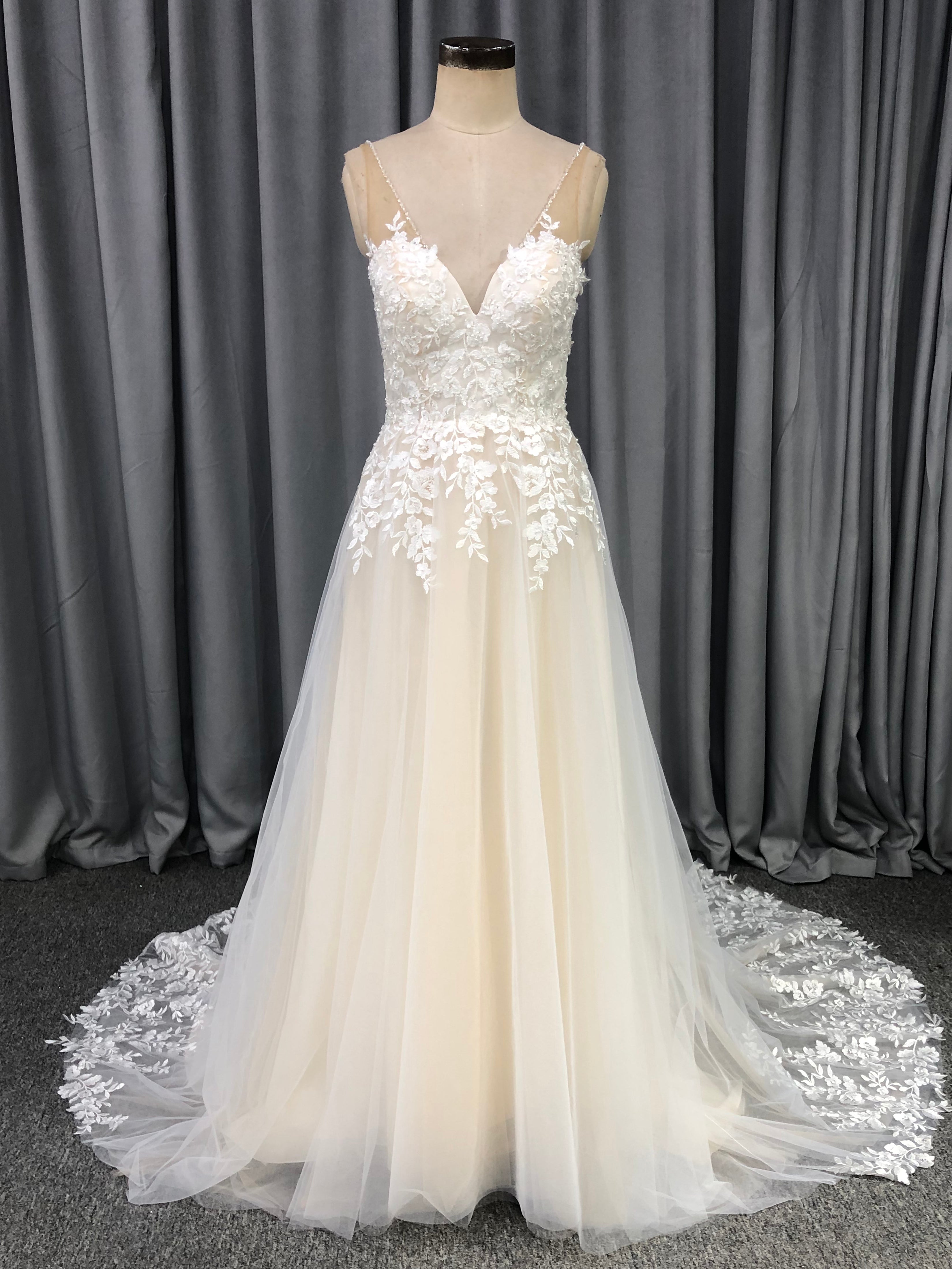 V Neck Tulle With Lace Appliques A-line Wedding Dress With Train C0013, White V Neck Tulle With Lace Appliques A-line Wedding Dress With Train C0013, White