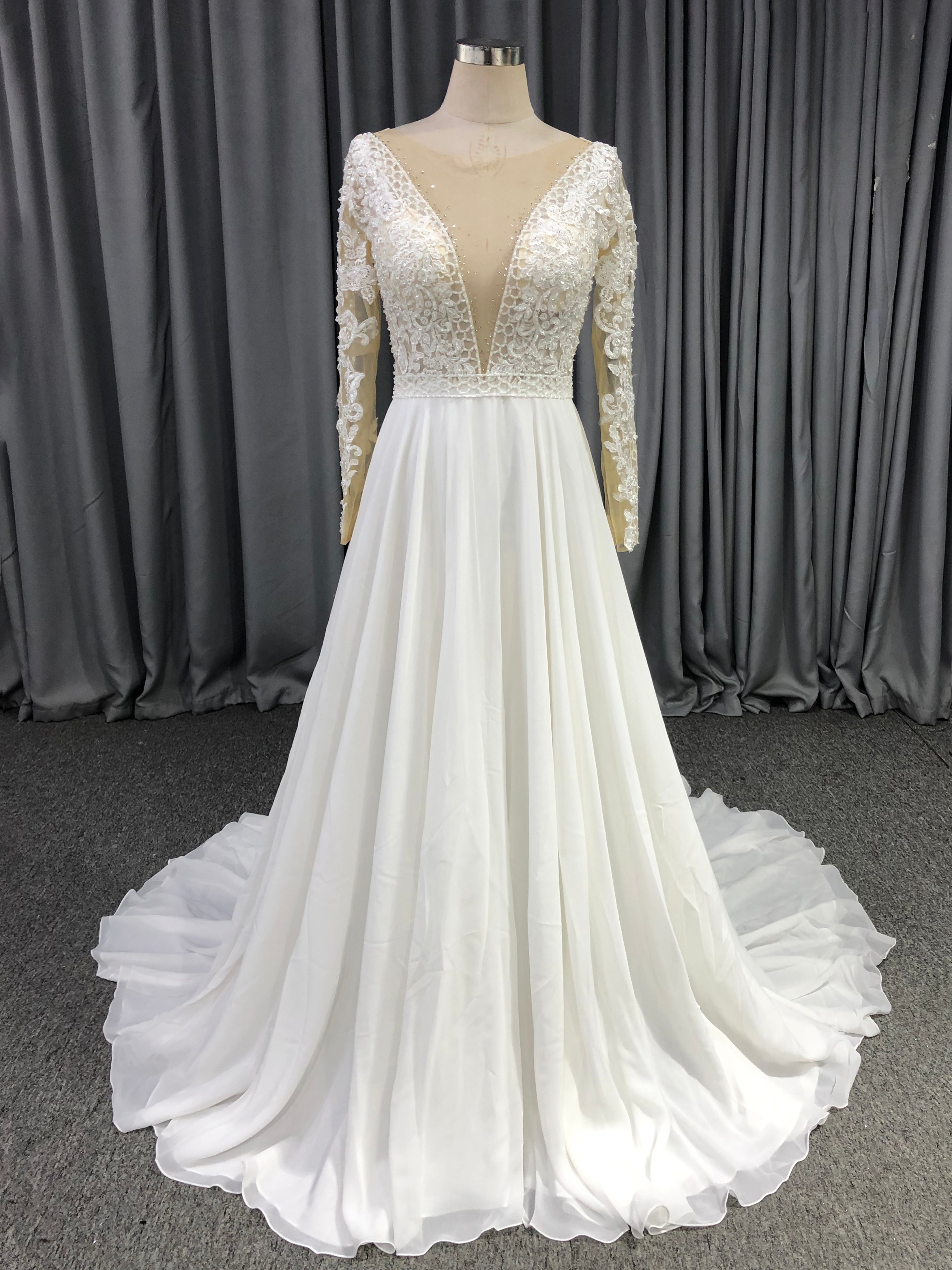 Long Sleeves Chiffon With Lace A-line Wedding Dress With Train C0017 Long Sleeves Chiffon With Lace A-line Wedding Dress With Train C0017