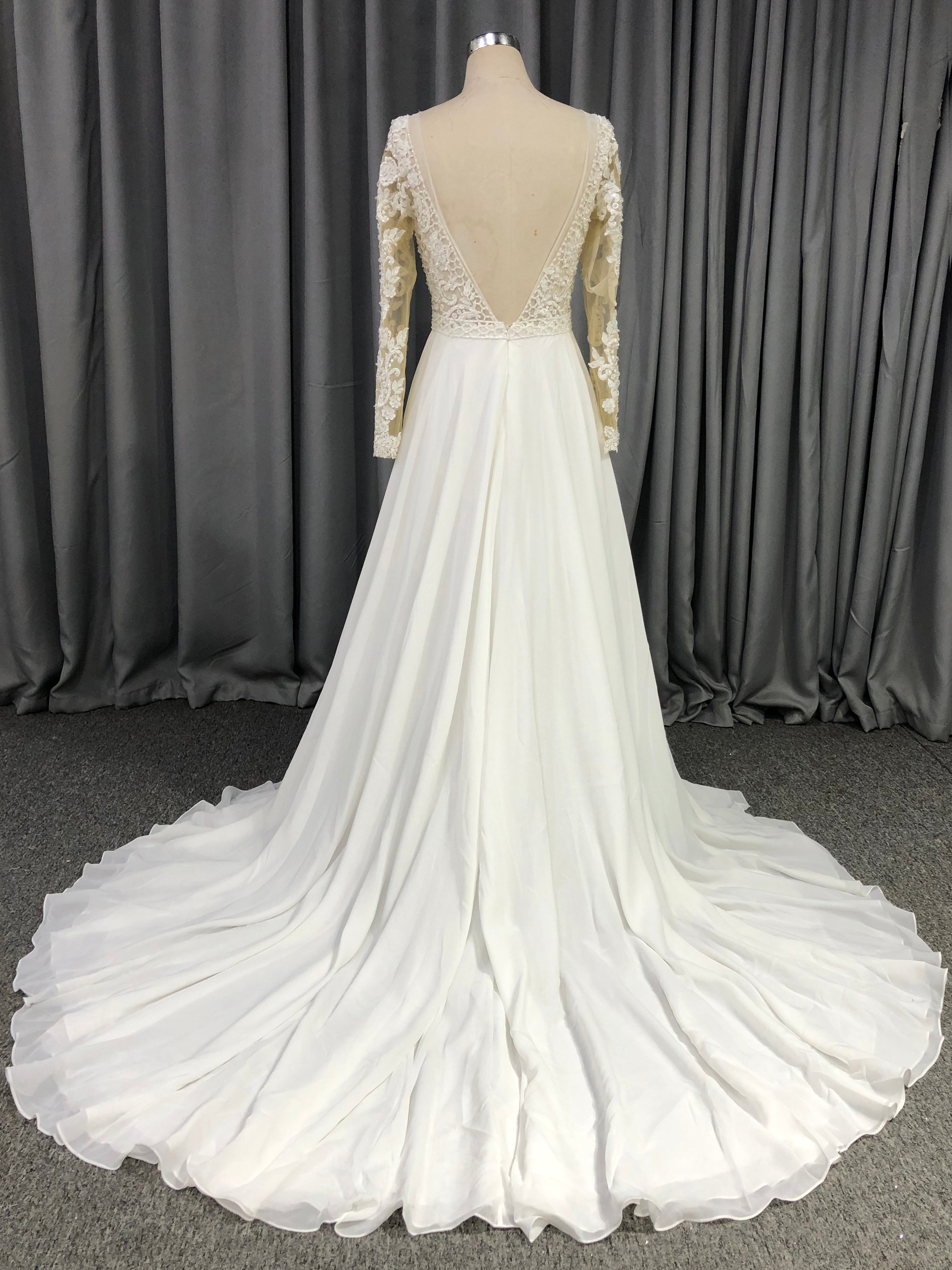 Long Sleeves Chiffon With Lace A-line Wedding Dress With Train C0017