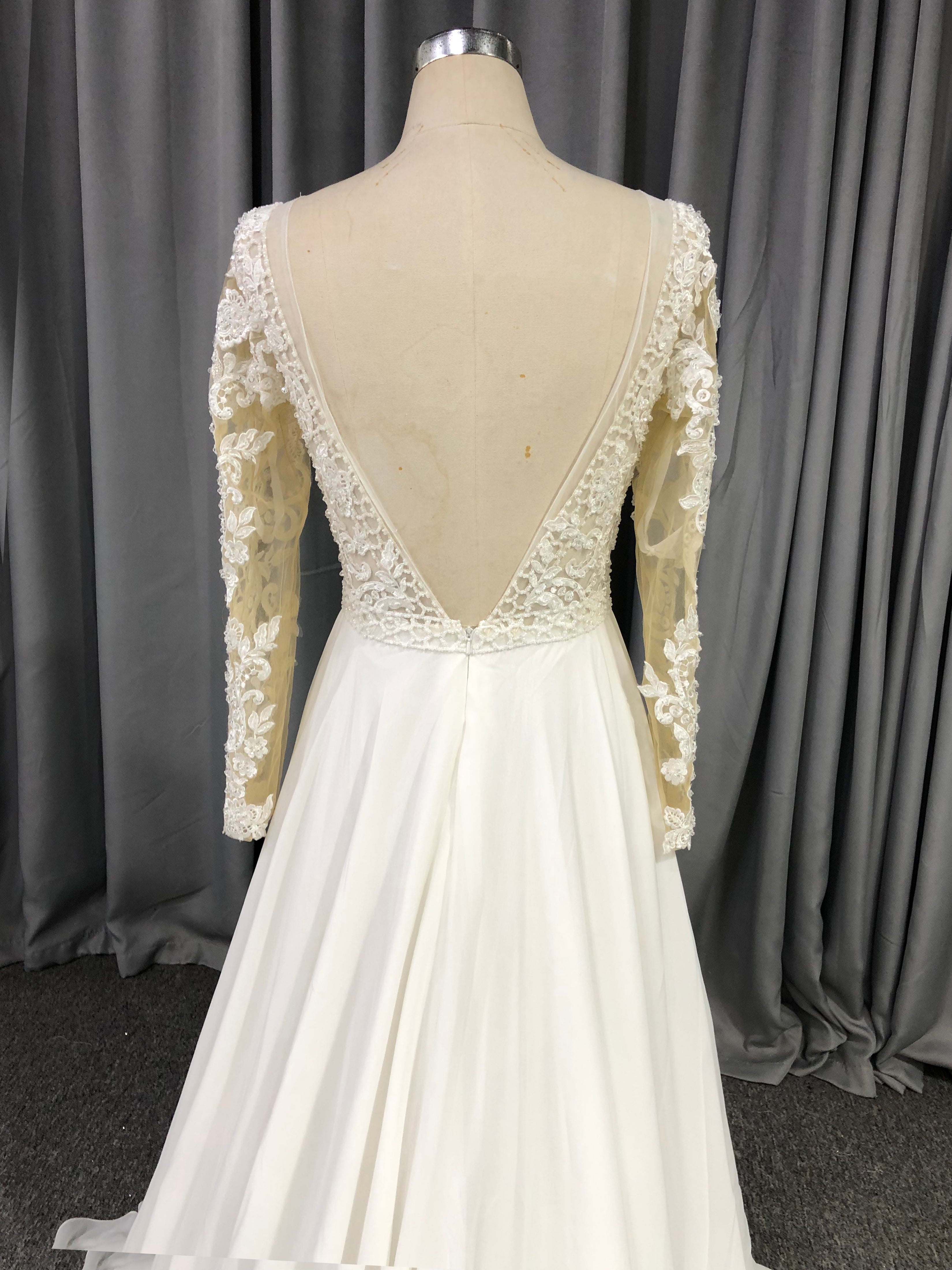 Long Sleeves Chiffon With Lace A-line Wedding Dress With Train C0017