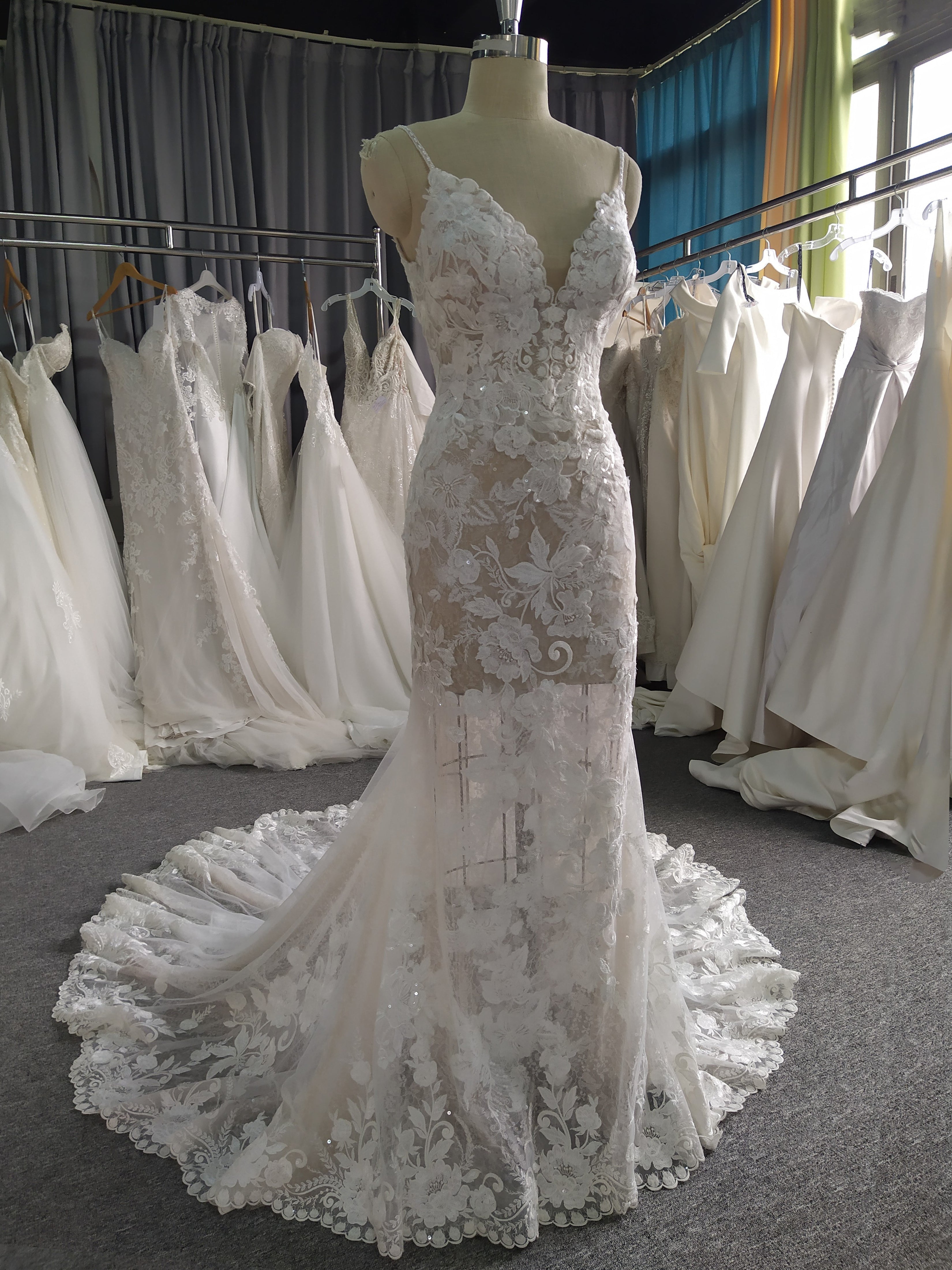 Lace Spaghetti Straps Mermaid Wedding Dress With Train C0020, White Lace Spaghetti Straps Mermaid Wedding Dress With Train C0020, White