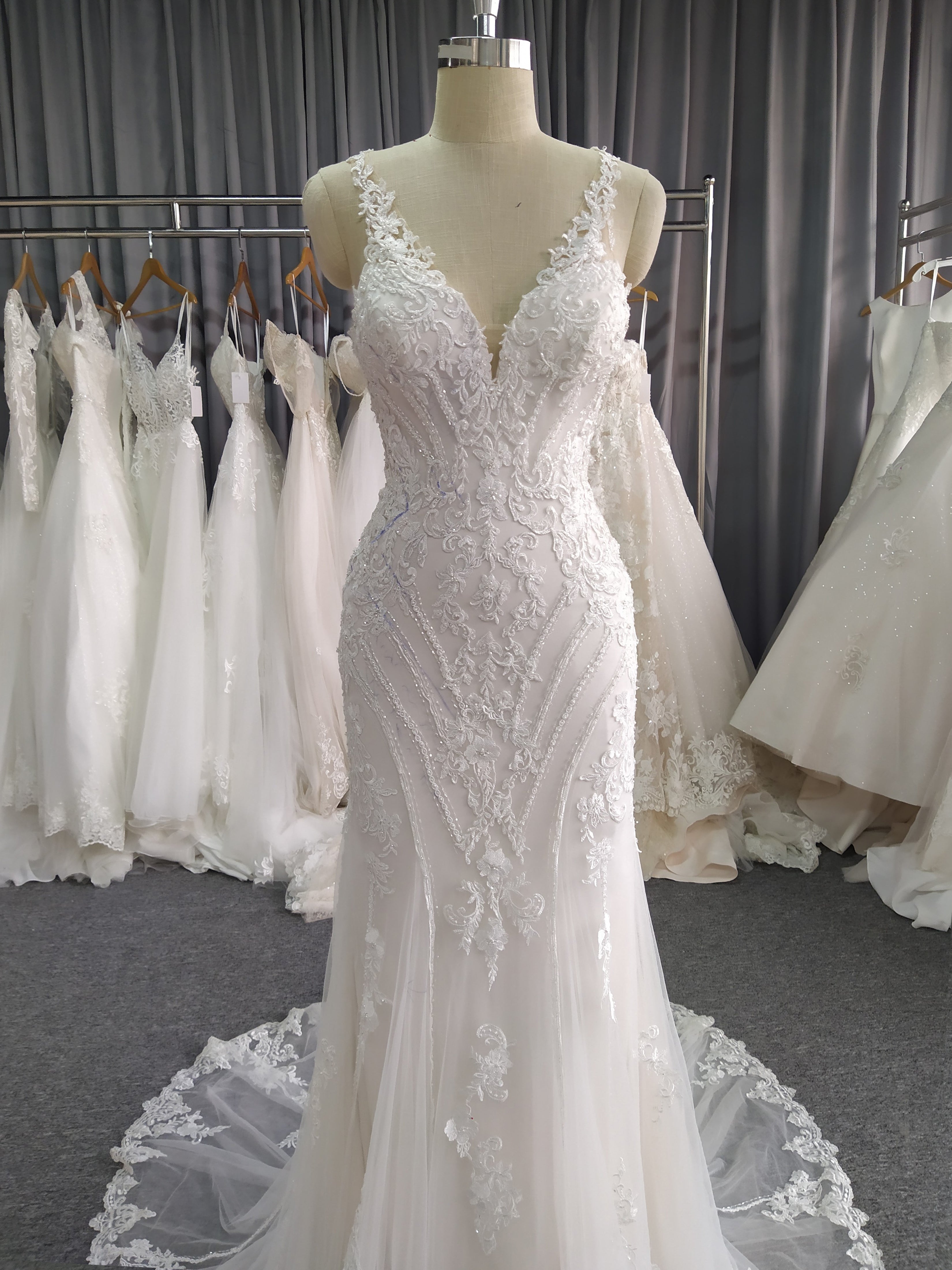 Lace Spaghetti Straps Open Back Mermaid Wedding Dress With Train C0021