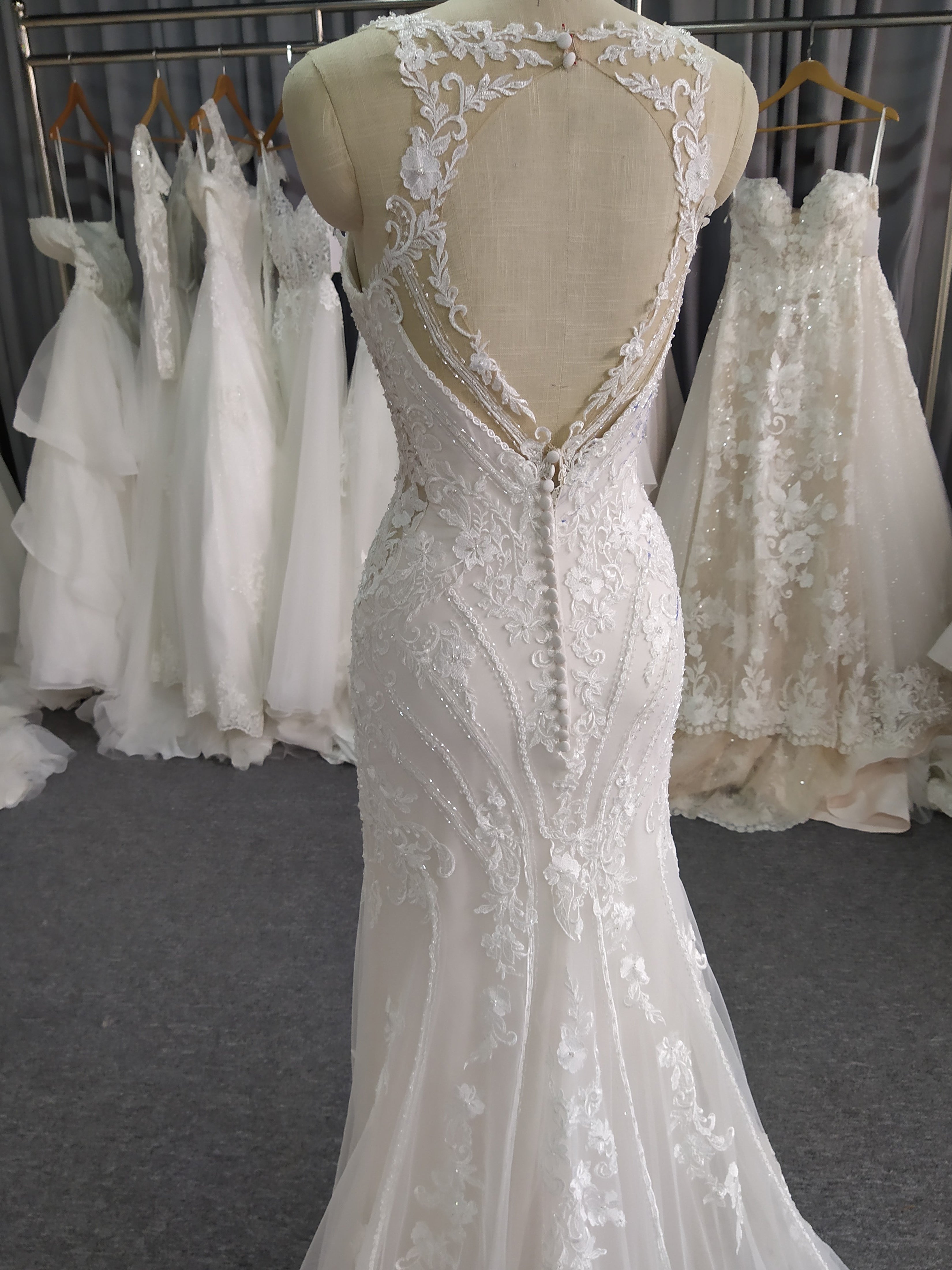 Lace Spaghetti Straps Open Back Mermaid Wedding Dress With Train C0021