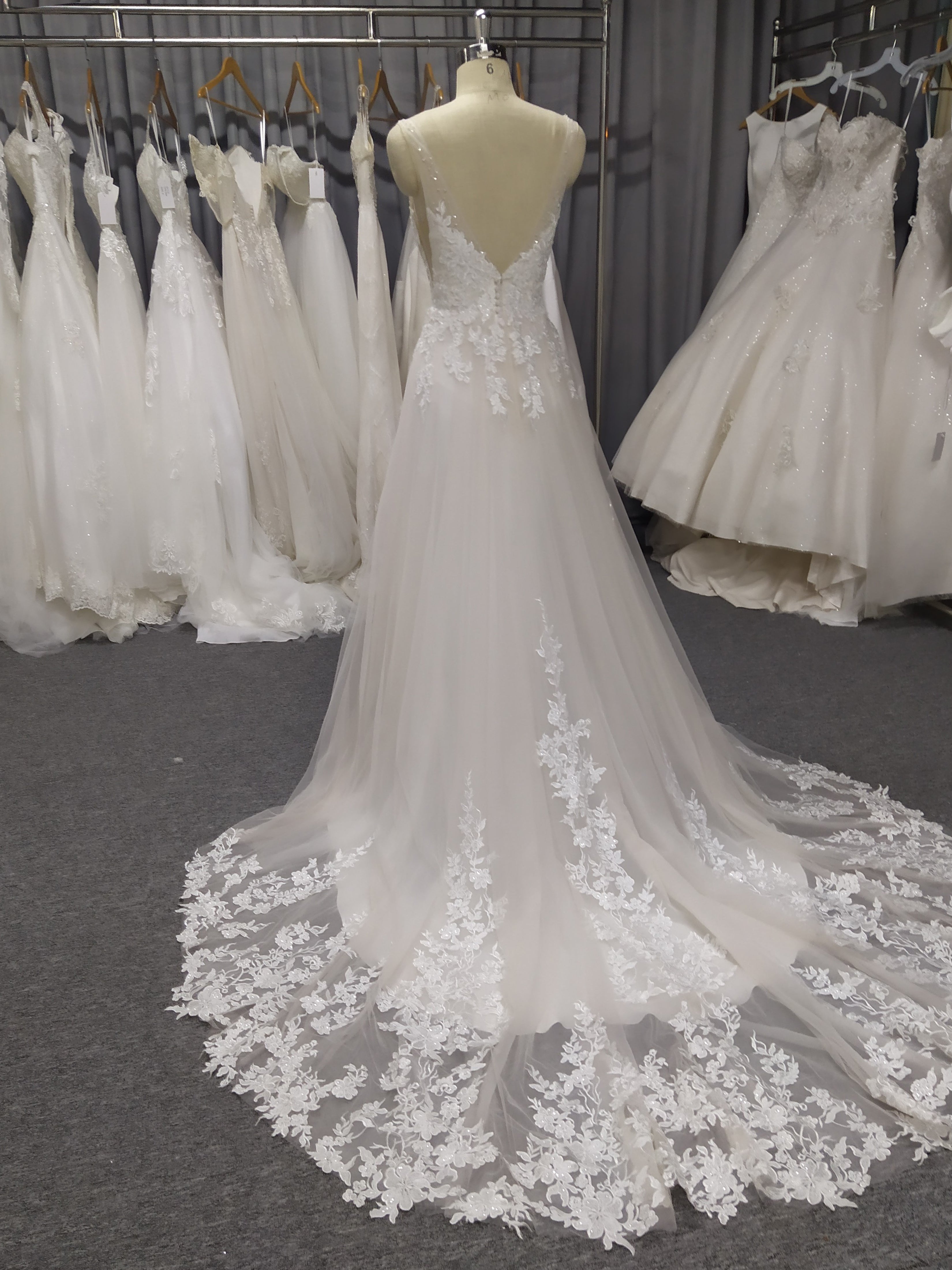 Lace Spaghetti Straps V Neck A-line Wedding Dress With Train C0022