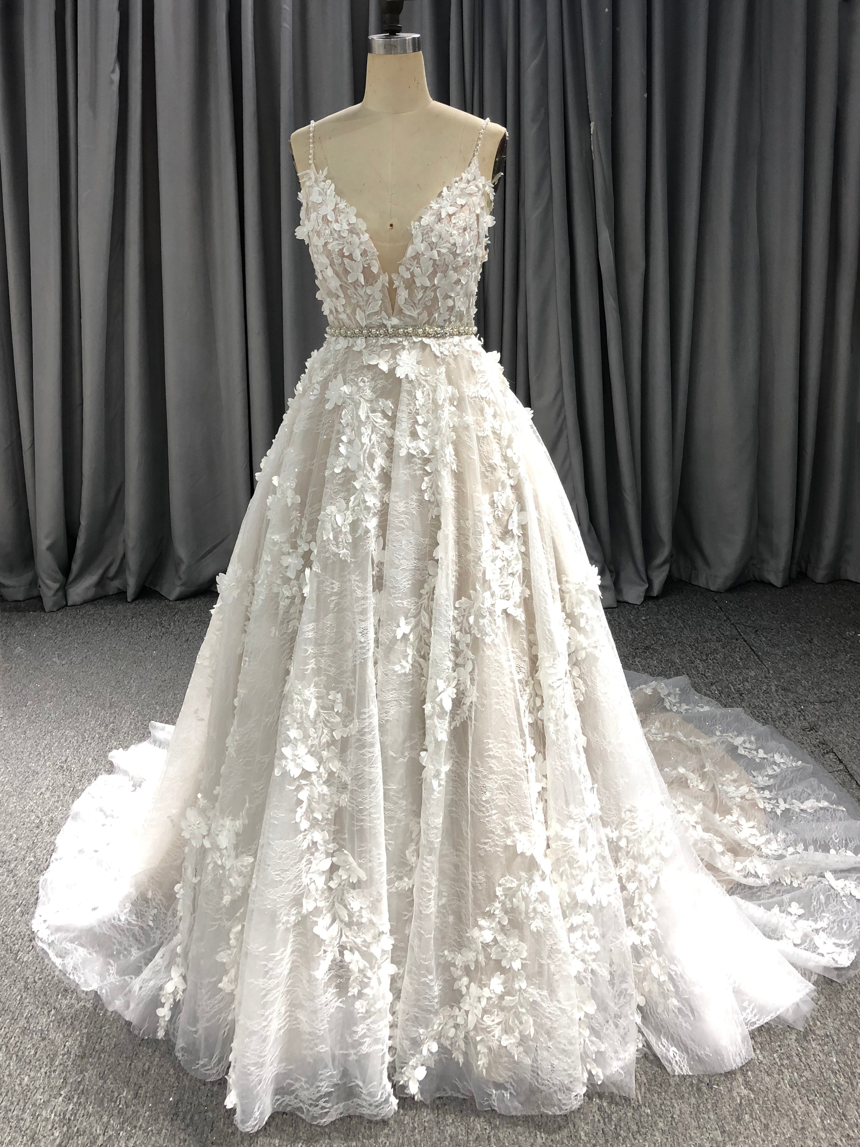Lace Spaghetti Straps V Neck A-Line Wedding Dress with Sweep Train C0023, White Lace Spaghetti Straps V Neck A-Line Wedding Dress with Sweep Train C0023, White