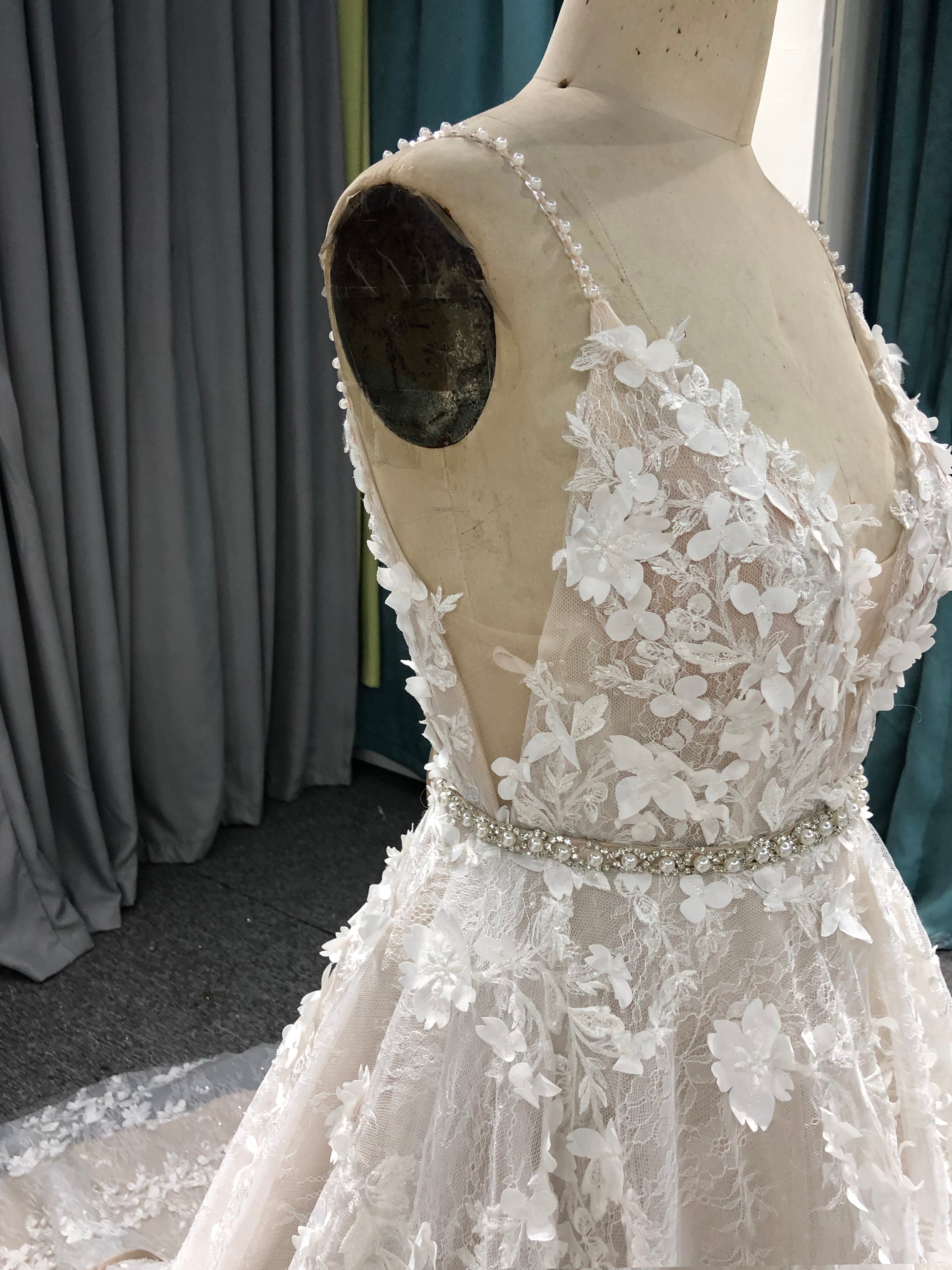 Lace Spaghetti Straps V Neck A-line Wedding Dress With Sweep Train C0023