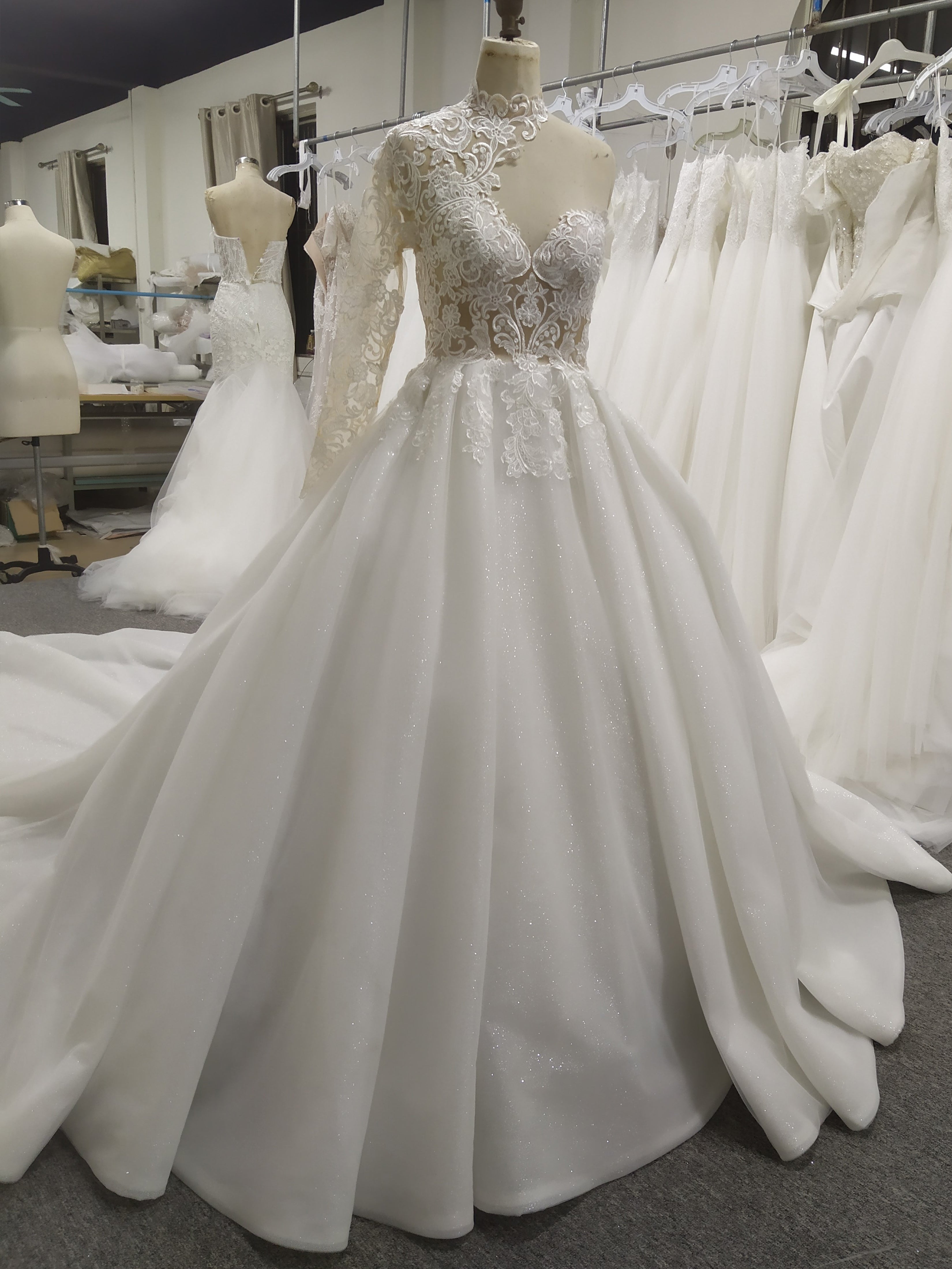 High Neck One Should Lace A-Line Wedding Dress with Train C0027, White High Neck One Should Lace A-Line Wedding Dress with Train C0027, White
