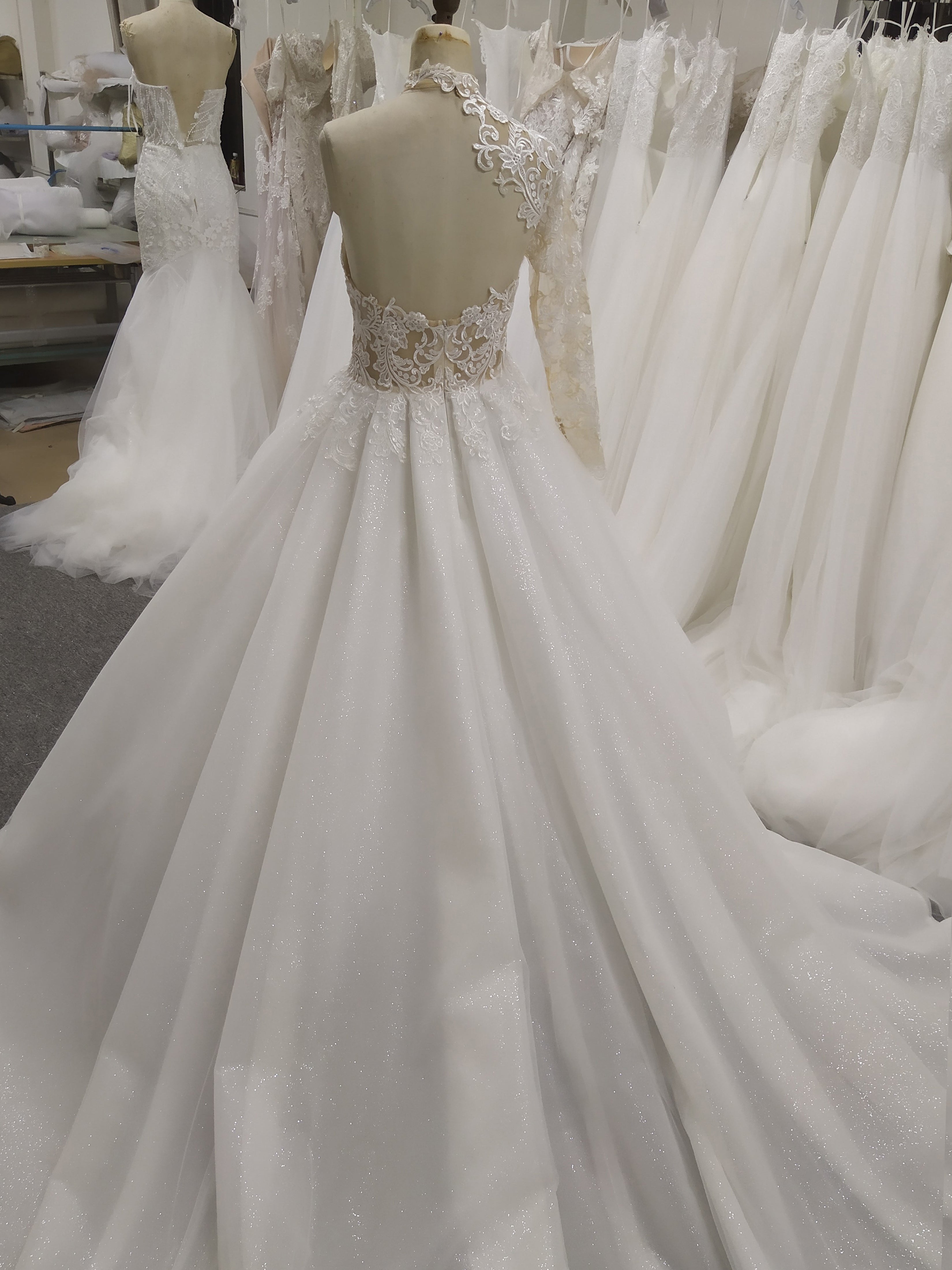 High Neck One Should Lace A-line Wedding Dress With Train C0027