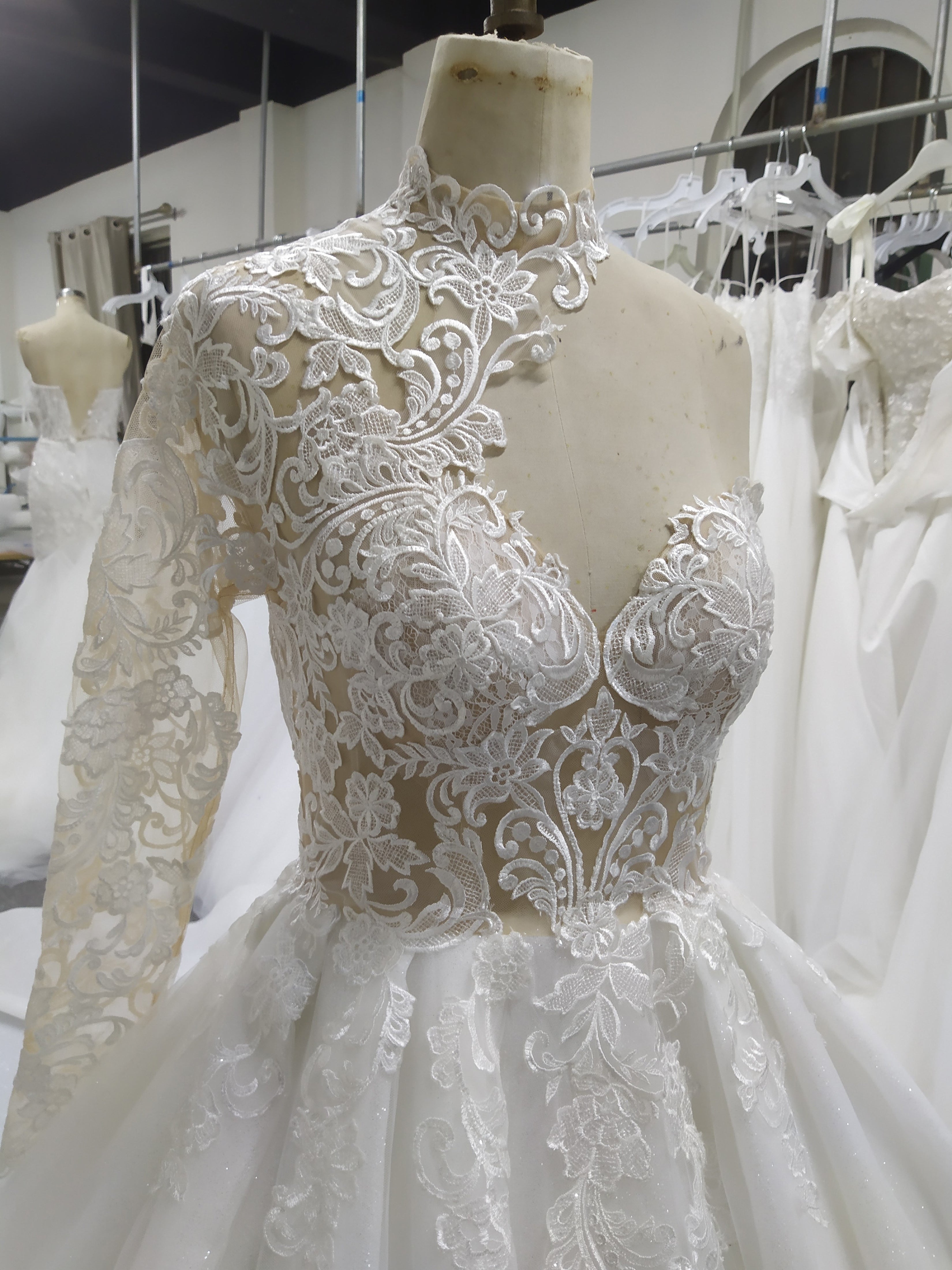 High Neck One Should Lace A-line Wedding Dress With Train C0027