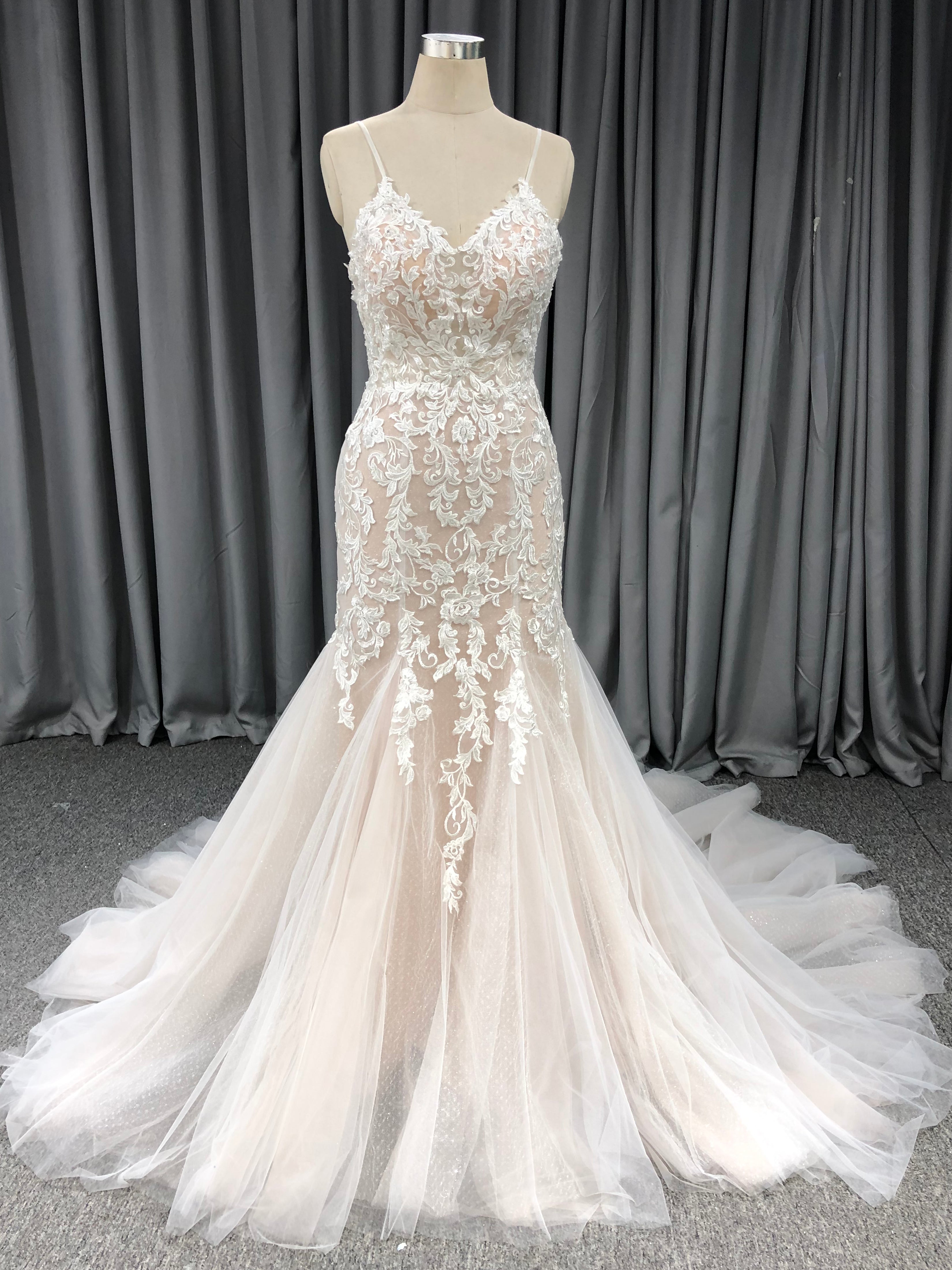 Spaghetti Straps Tulle With Lace Mermaid Wedding Dress With Train C0029, White Spaghetti Straps Tulle With Lace Mermaid Wedding Dress With Train C0029, White