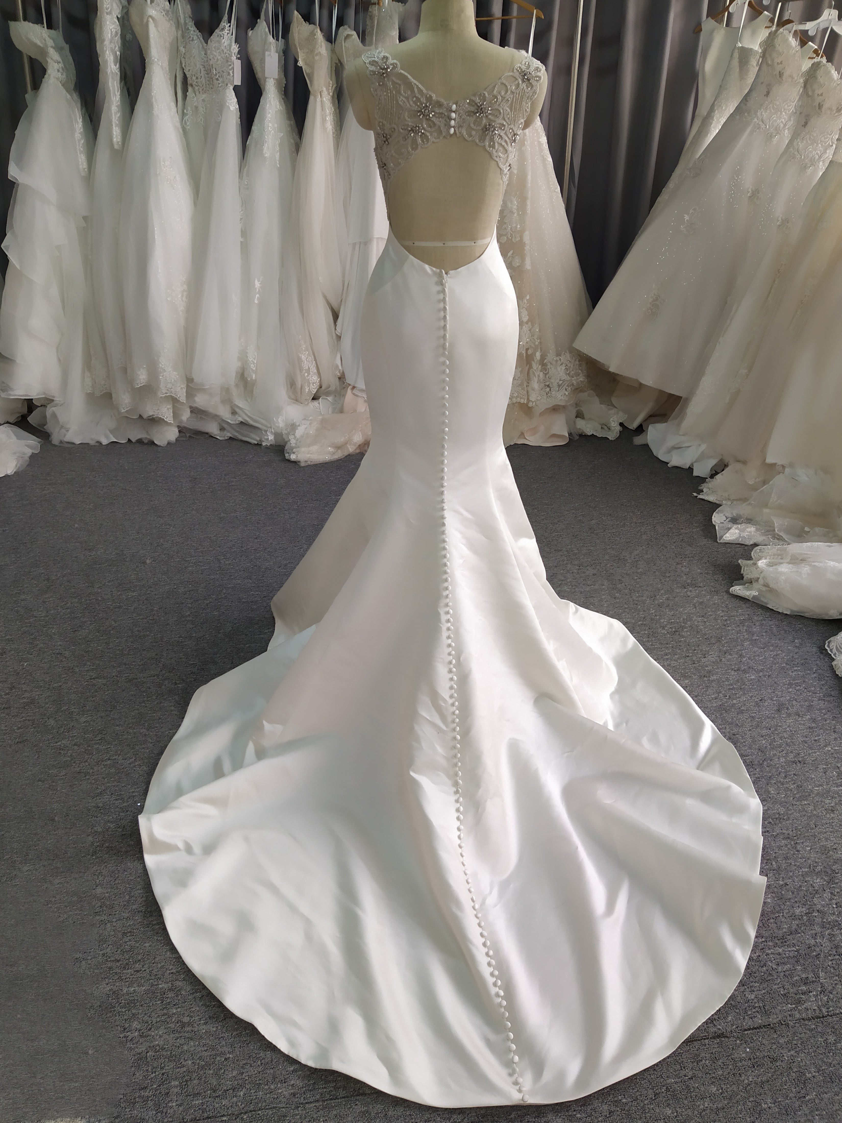 Straps V Neck Satin Mermaid Wedding Dress with Train C0032, White Straps V Neck Satin Mermaid Wedding Dress with Train C0032, White