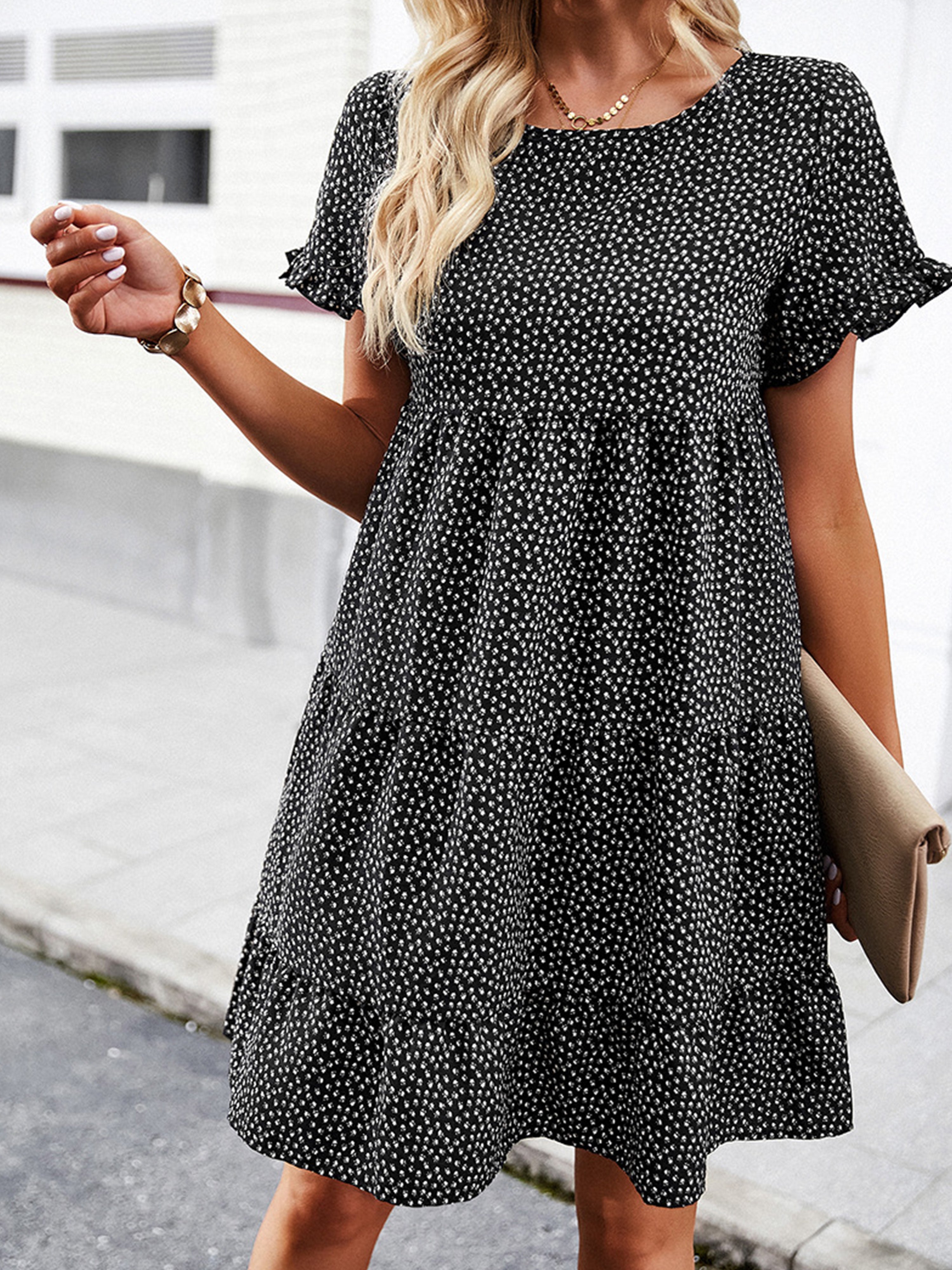 polka dot wedding guest dress A Line Polka Dot Round Neck Black Short Sleeves Wedding Guest Dress