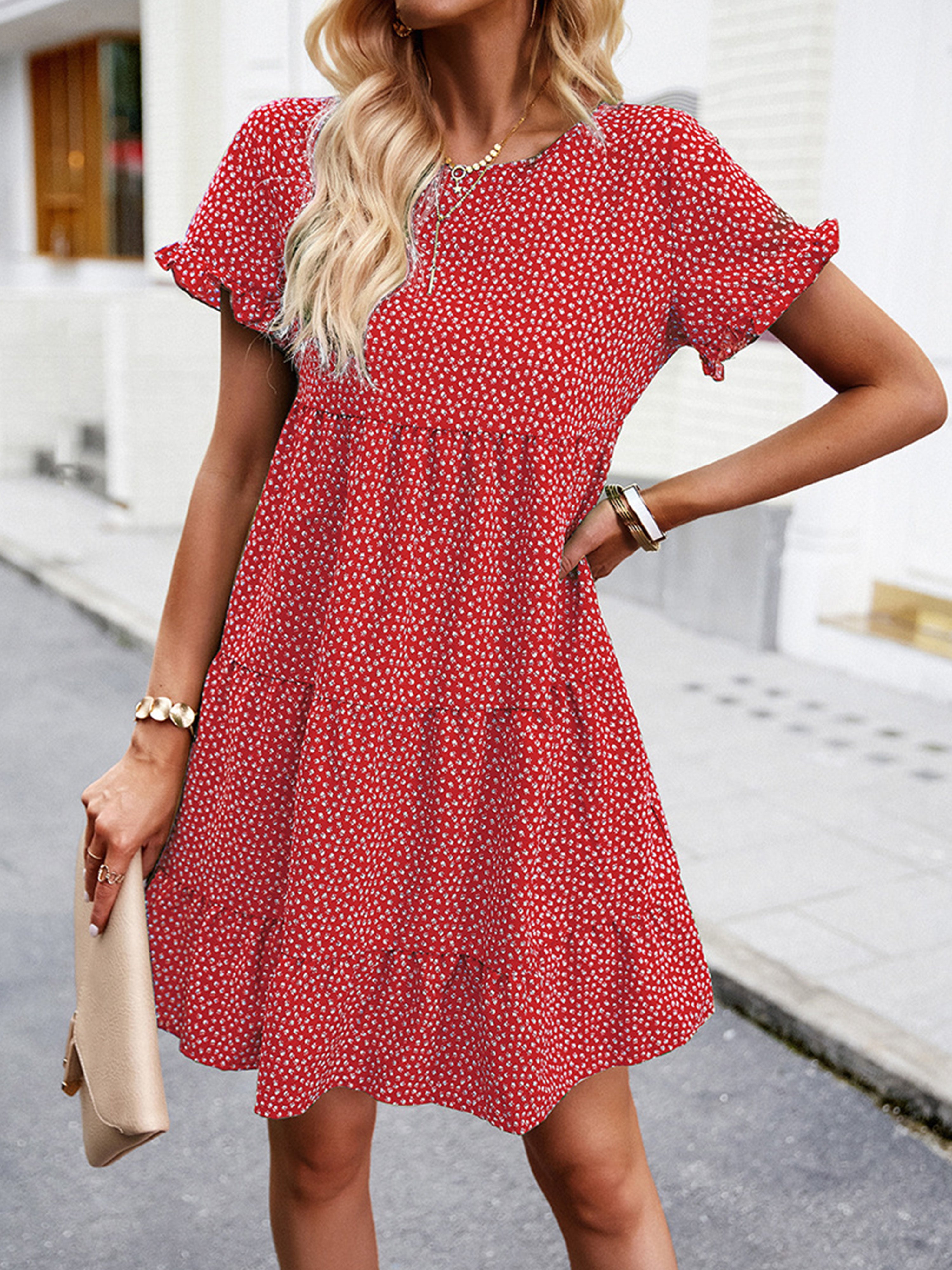 A Line Polka Dot Round Neck Red Short Sleeves Wedding Guest Dress, Red / M A Line Polka Dot Round Neck Red Short Sleeves Wedding Guest Dress, Red / M