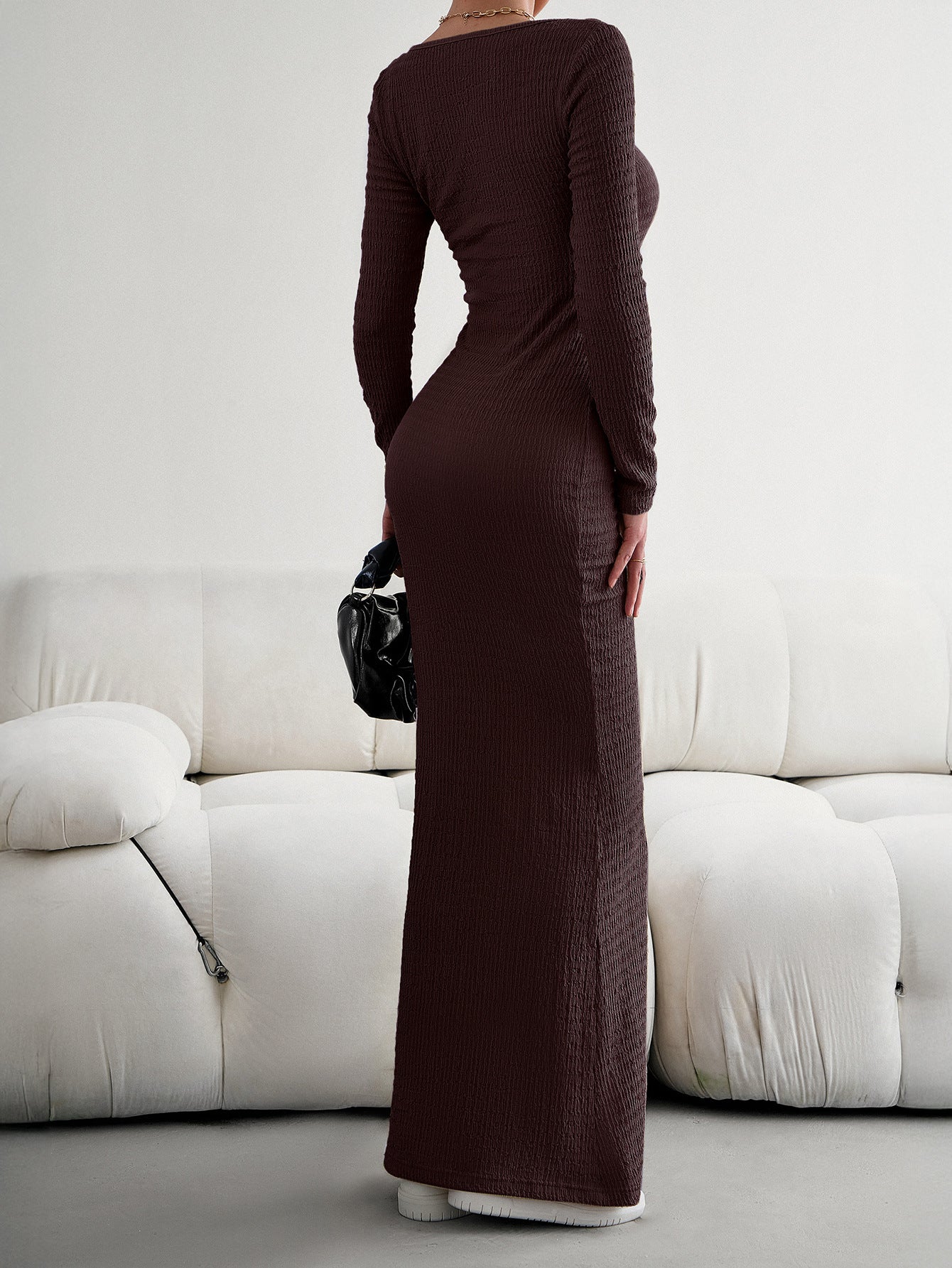Deep Brown Square Neckline Long Sleeves Sheath Wedding Guest Dress