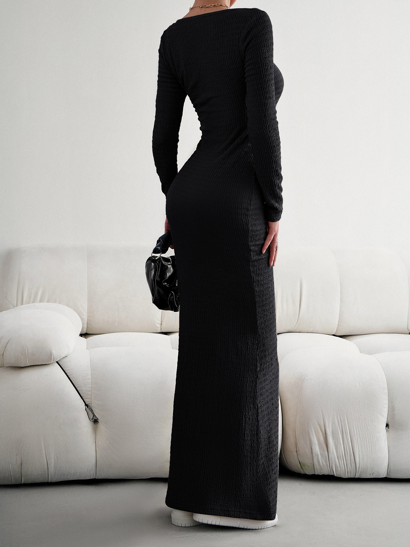 Black Square Neckline Long Sleeves Sheath Wedding Guest Dress
