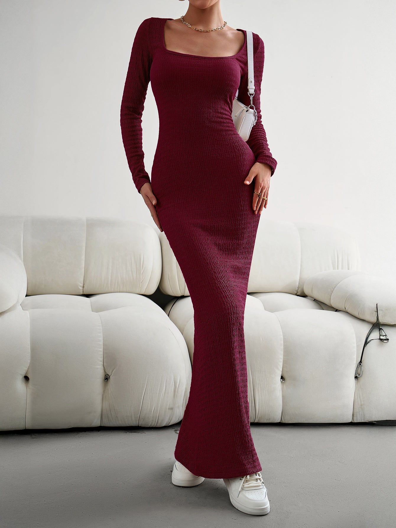 Burgundy Square Neckline Long Sleeves Sheath Wedding Guest Dress Burgundy Square Neckline Long Sleeves Sheath Wedding Guest Dress