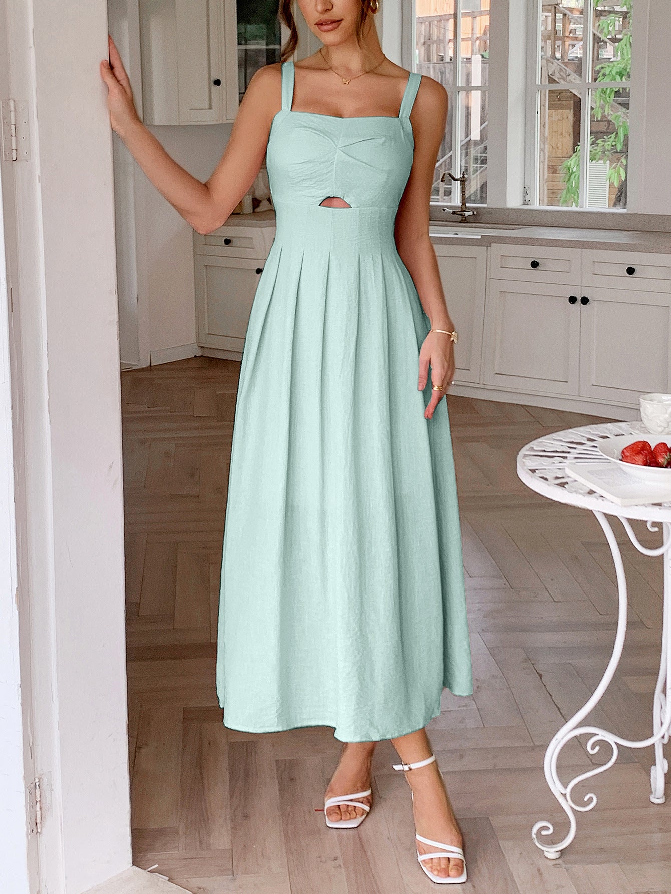 Straps Square Neckline Mint Green A-Line Wedding Guest Dress