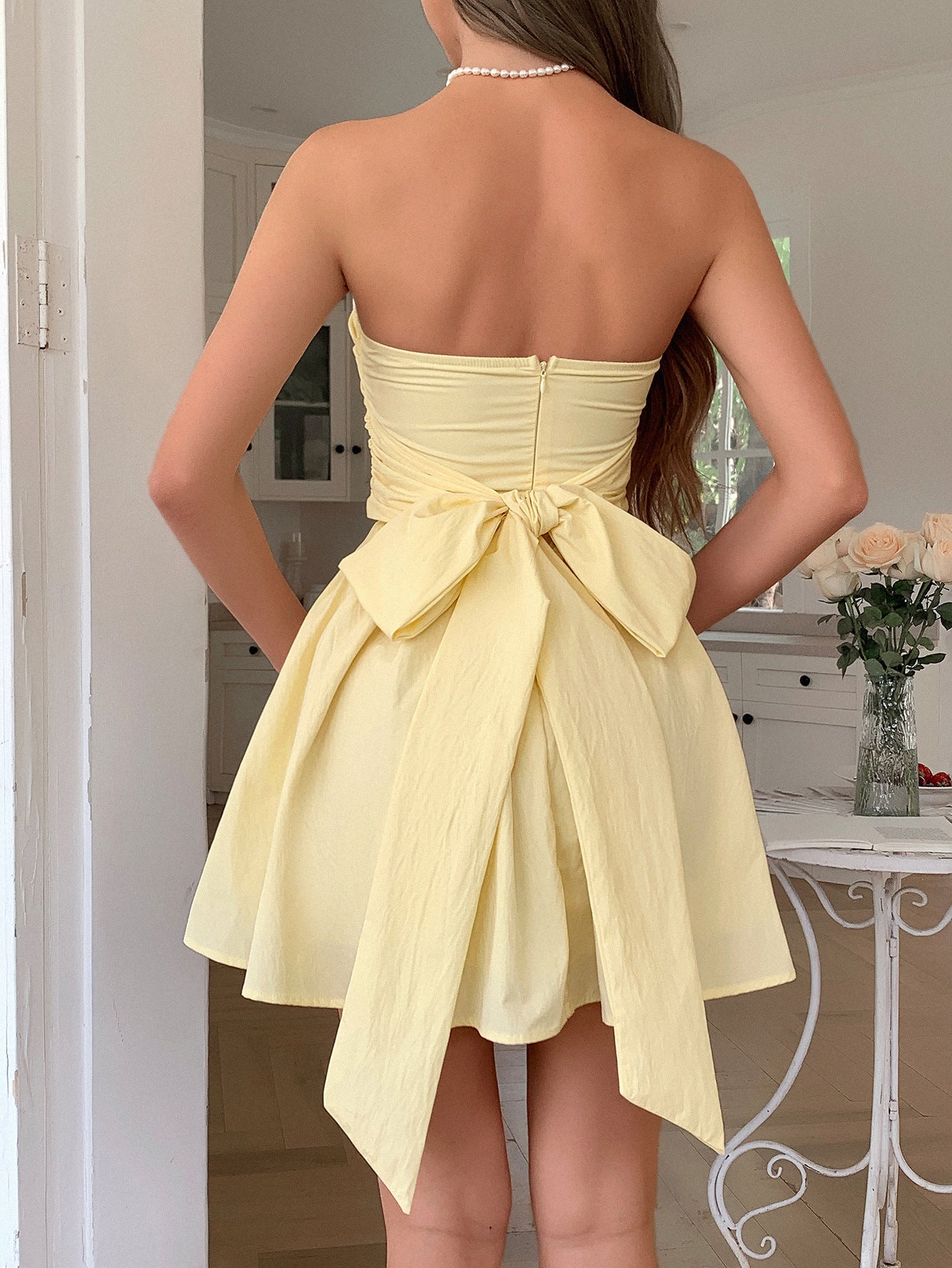Yellow Strapless A-Line Wedding Guest Dress with Bowknot