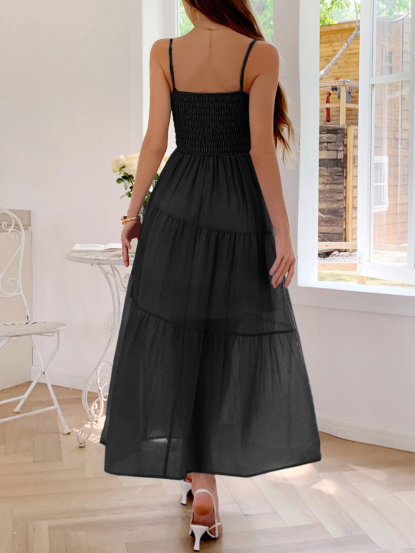 Spaghetti Straps Black A-Line Ankle Length Wedding Guest Dress