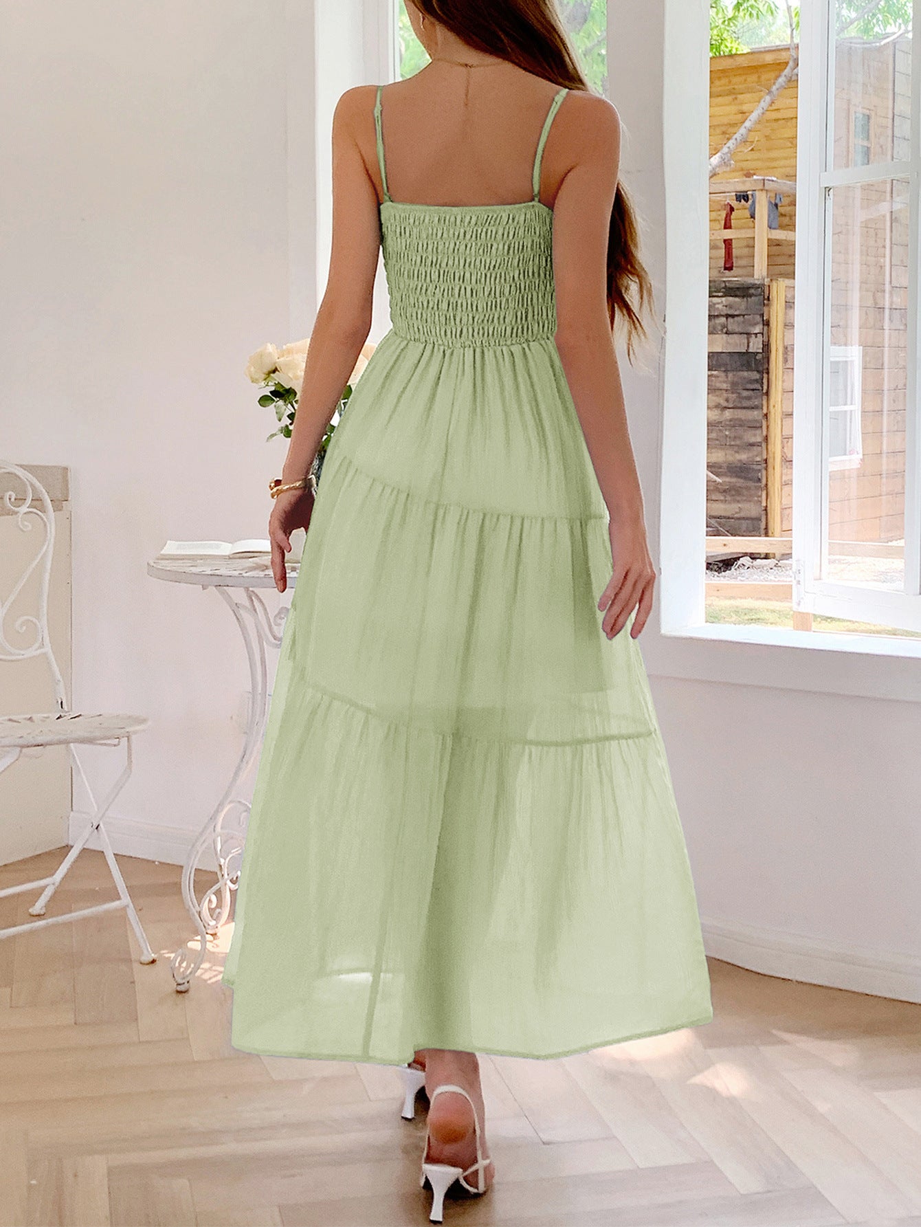 Spaghetti Straps Sage A-Line Ankle Length Wedding Guest Dress