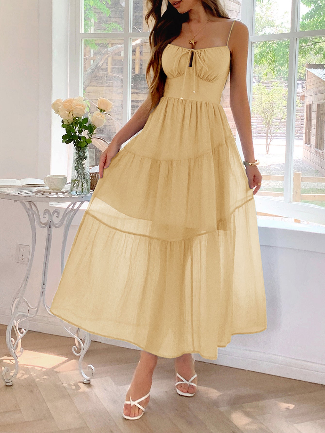 Spaghetti Straps Yellow A-Line Ankle Length Wedding Guest Dress, Yellow / L Spaghetti Straps Yellow A-Line Ankle Length Wedding Guest Dress, Yellow / L