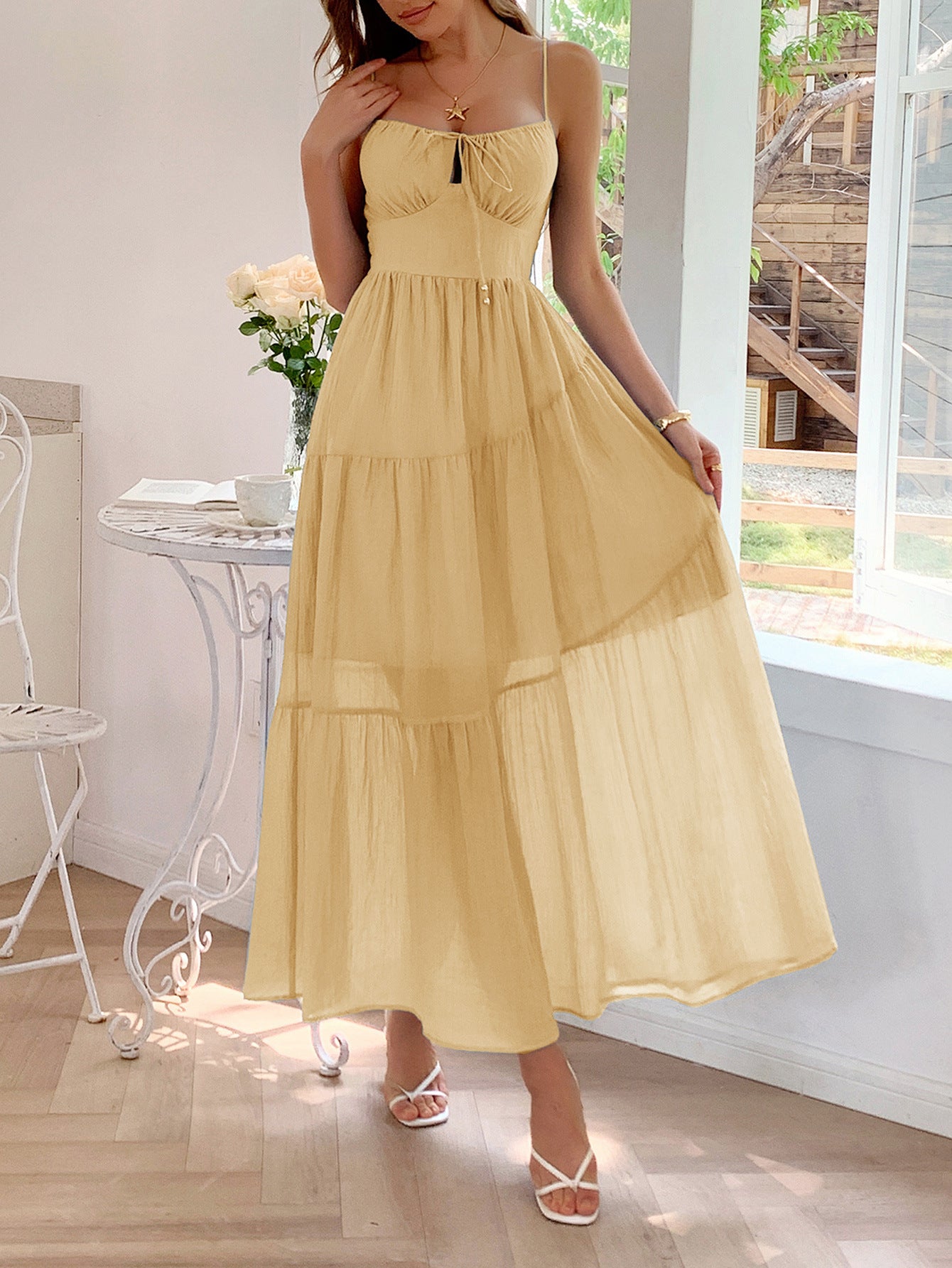 Spaghetti Straps Yellow A-Line Ankle Length Wedding Guest Dress