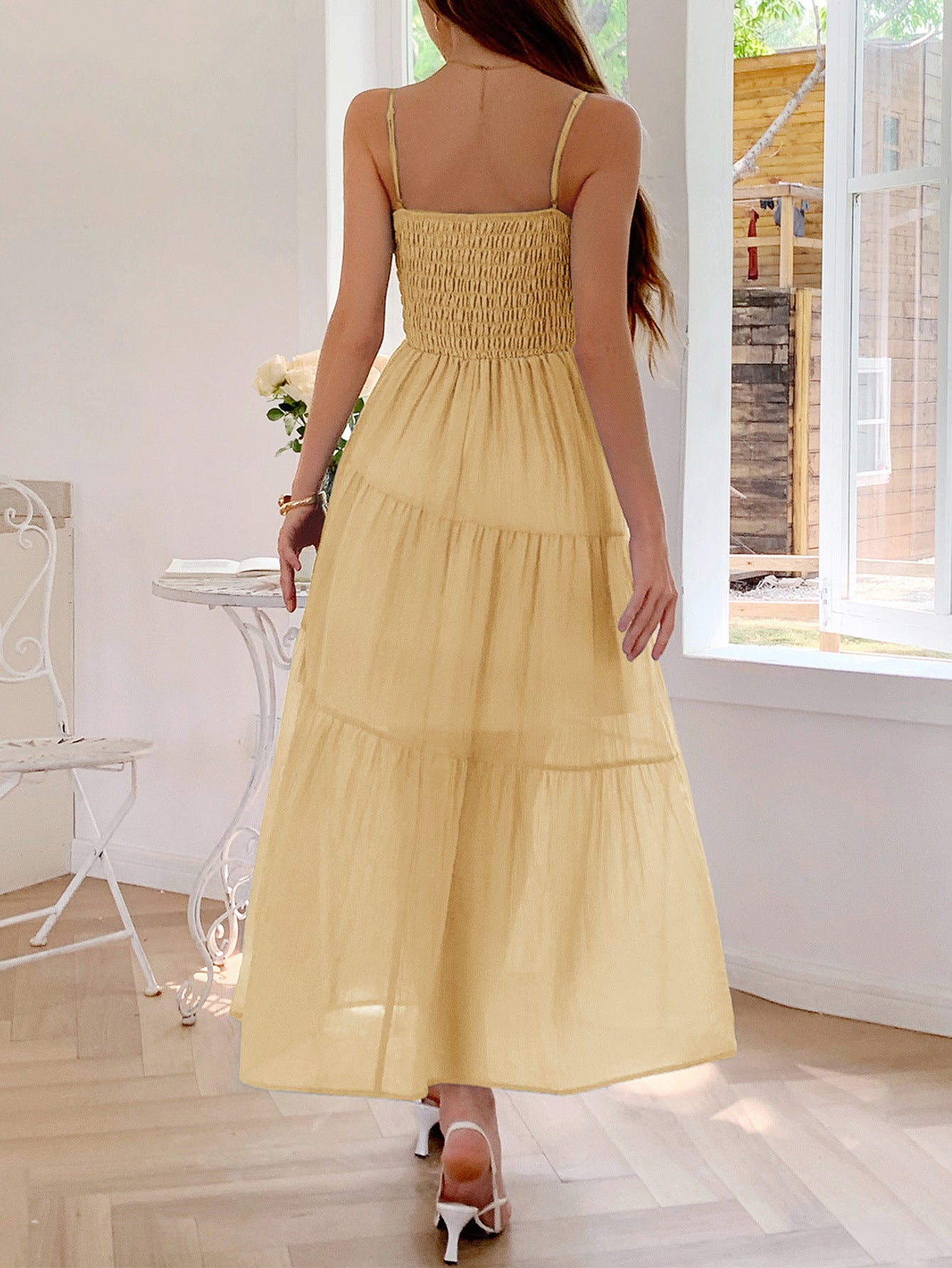 Spaghetti Straps Yellow A-Line Ankle Length Wedding Guest Dress