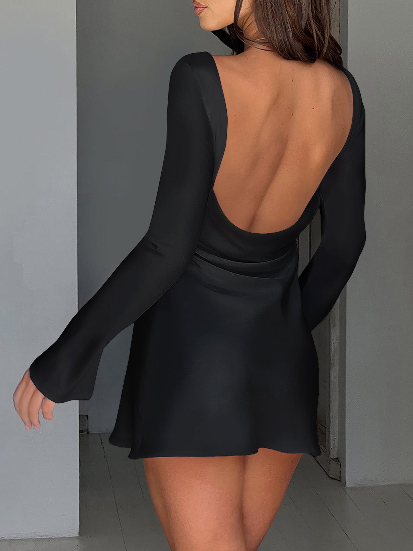 Jewel Long Sleeves Open Back Black Wedding Guest Dress